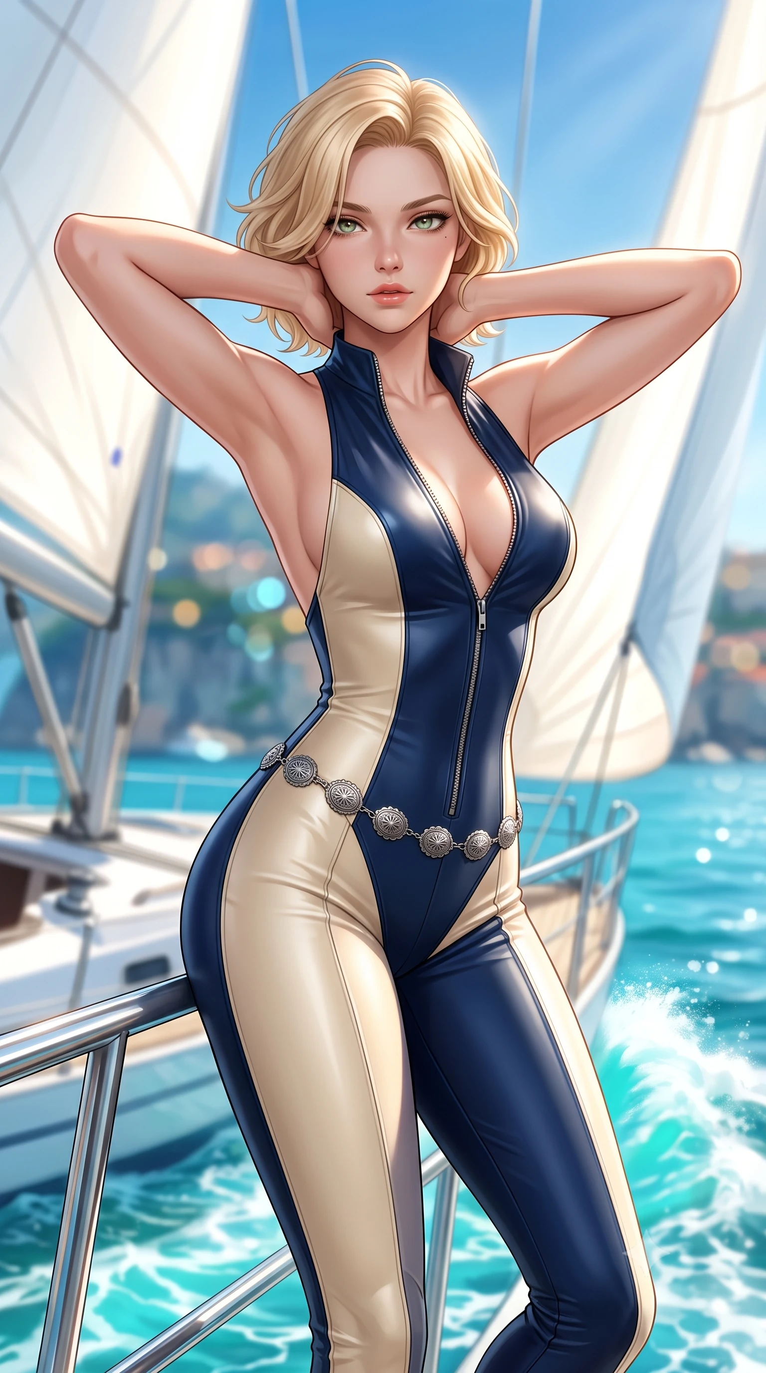 score_9, masterpiece, best quality, ultra-detailed, high-budget anime keyframe, semi-realistic 3D game render, editorial fashion photography, tasteful artistic composition, Caucasian woman. close-up cowboy shot from the waist and thighs up, the character dominates the composition, filling the frame with her large presence. resting both hands lightly behind her neck with elbows raised, arching her spine to highlight her narrow waist, flat midriff, and breathtaking collarbones while leaning against the yacht stainless steel pulpit railing with hips cocked back, looking into the lens with an irresistible bedroom-gaze. The background shows a soft-focus billowing sails, turquoise bow wave wake, and the distant Monaco palace cliffs blurred into seafoam, cobalt, and amber bokeh. She has an exceptionally elegant, slender, and willowy female figure with an ultra-slim waist, flat toned midriff, narrow ribcage, and sculpted feminine hips creating an alluring, slim hourglass silhouette without bulk. sharp v-shaped jawline, high-bridge nose, sparkling eyes with hypnotic seductive depth, thick curled eyelashes, glossy parted lips with a natural dewy peach sheen, alluring bedroom-eyes with an enchanting coquettish smile, exuding magnetic siren charisma and sophisticated glamour, flawlessly proportioned anatomical accuracy, strict slender model proportions, natural body alignment, perfectly sculpted long slender limbs, ultra-slim waistline, clean dynamic posture without body distortion. wearing a backless plunge-front second-skin leatherette biker jumpsuit with zip front and high-cut leg openings in French Riviera navy blue and warm champagne ivory, crafted from smooth liquid-tight stretch jersey emphasizing every curve of her body, accented with an intricate silver concho waist chain resting loosely on her curvy hips, the form-contouring silhouette accentuating her sculpted flat midriff, narrow delicate ribcage, and gracefully curvy hips with intoxicating allure. bathed in intense maritime sunlight reflecting from open Mediterranean waters and crisp white sails. highly saturated vibrant anime colors, detailed shading with soft gradients, rich glossy textures, high-contrast stereoscopic depth, volumetric dynamic lighting, master piece, 9:16 ratio