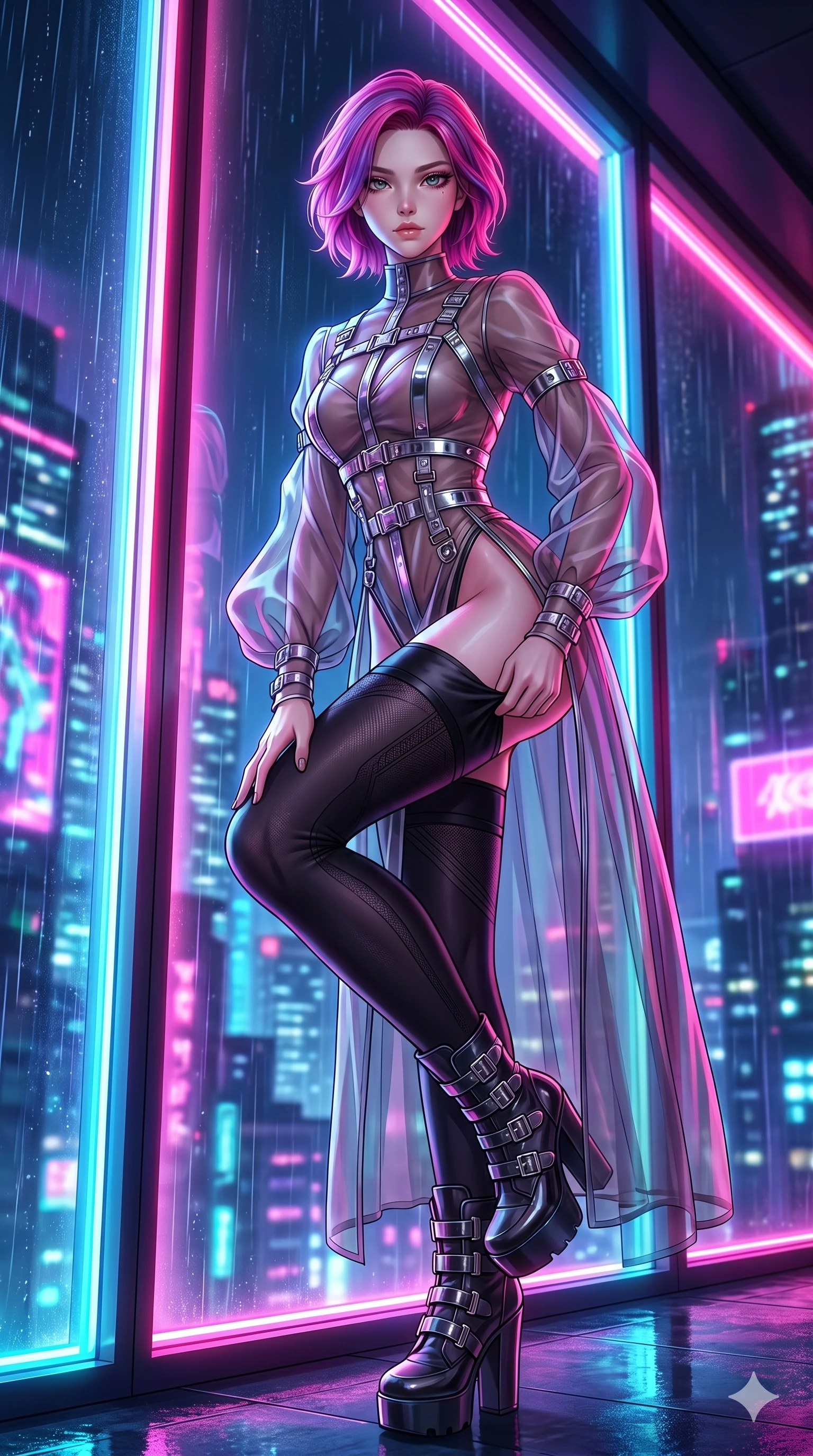 score_9, masterpiece, best quality, ultra-detailed, High-budget Anime Keyframe, East Asian woman. Low angle cowboy shot filling the entire 9:16 frame with her statuesque presence. Scenario 57: Adjusting her thigh-high stocking by a glowing neon window. Her presence is magnetic and overpowering in this high-budget anime scene. Outfit 57: A sheer organza long with a high-cut leg line and metallic buckles. The clothing is designed to emphasize her exceptionally tall and slender 8-heads proportion. 8-heads proportion, towering silhouette, ultra-slim waist. sharp v-shaped jawline, intricate jewel-like eyes with depth, thick eyelashes, glossy lips. 2k, ultra detail, master piece, 9:16 ratio