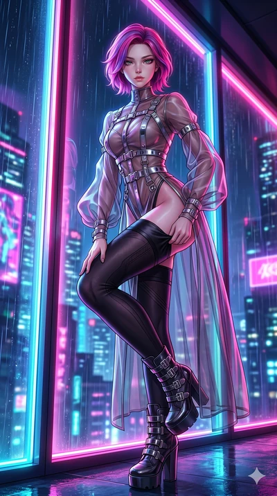 score_9, masterpiece, best quality, ultra-detailed, High-budget Anime Keyframe, East Asian woman. Low angle cowboy shot filling the entire 9:16 frame with her statuesque presence. Scenario 57: Adjusting her thigh-high stocking by a glowing neon windo