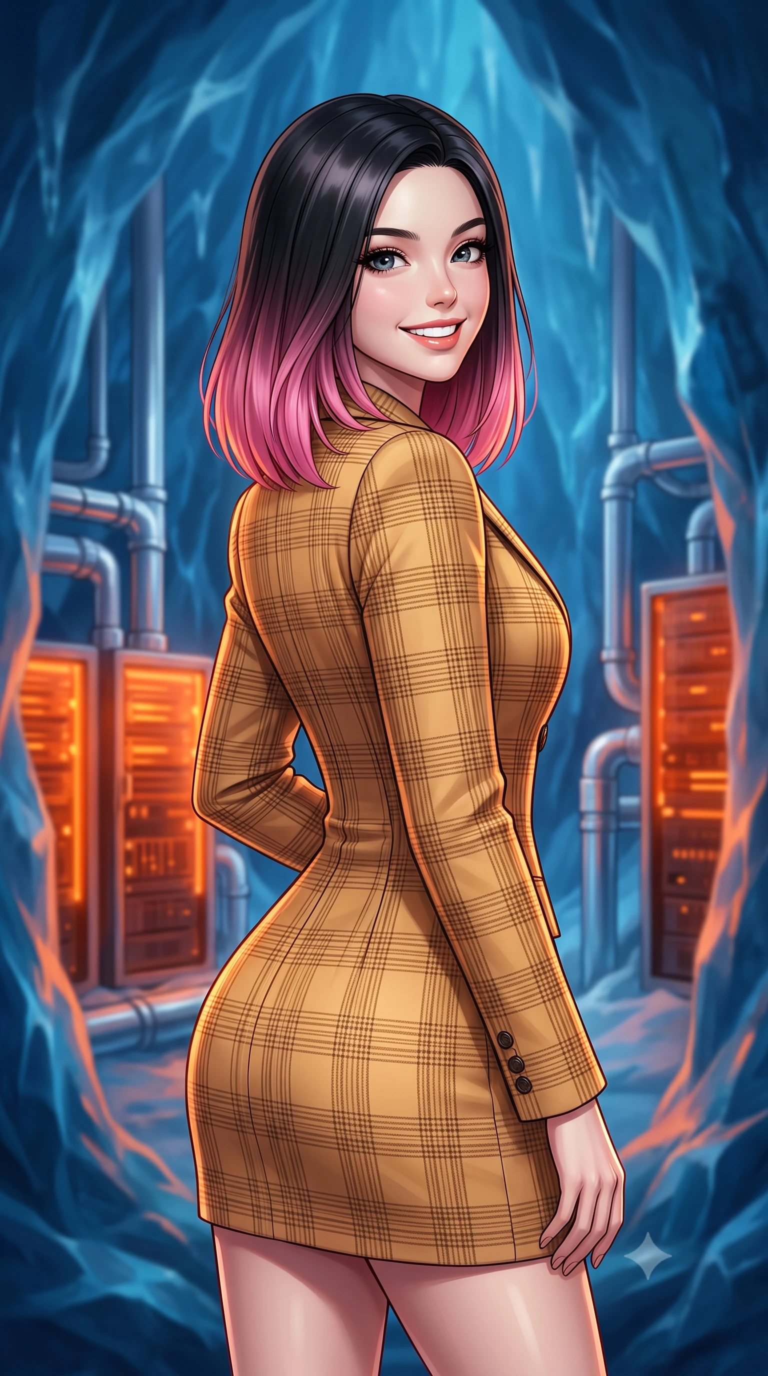 score_9, masterpiece, best quality, ultra-detailed, high-budget anime keyframe, editorial fashion photography, tasteful artistic composition, Korean woman. close-up cowboy shot from the waist and thighs up, the character dominates the composition, filling the frame with her large presence, background elements kept in soft focus. Looking over her shoulder with a bright, welcoming smile and happy eyes. set against a soft-focus background of inside a cavern made of deep blue glacial ice housing glowing orange computer servers cooled by complex silver piping systems. She has an exceptionally elegant, slender, and willowy female figure with a highly-defined ultra-slim waist, a gracefully sculpted slender torso, and a refined slim-fit silhouette that contours her form. sharp v-shaped jawline, high-bridge nose, intricate jewel-like eyes with depth, thick eyelashes, glossy lips with a natural sheen. wearing a fitted double-breasted blazer dress in a bright camel plaid, nips at her ultra-slim waist to emphasize her slender proportions. intense orange glow from the servers reflecting off the icy blue walls, creating a dramatic warm-and-cold contrast. 2k, ultra detail, master piece, 9:16 ratio