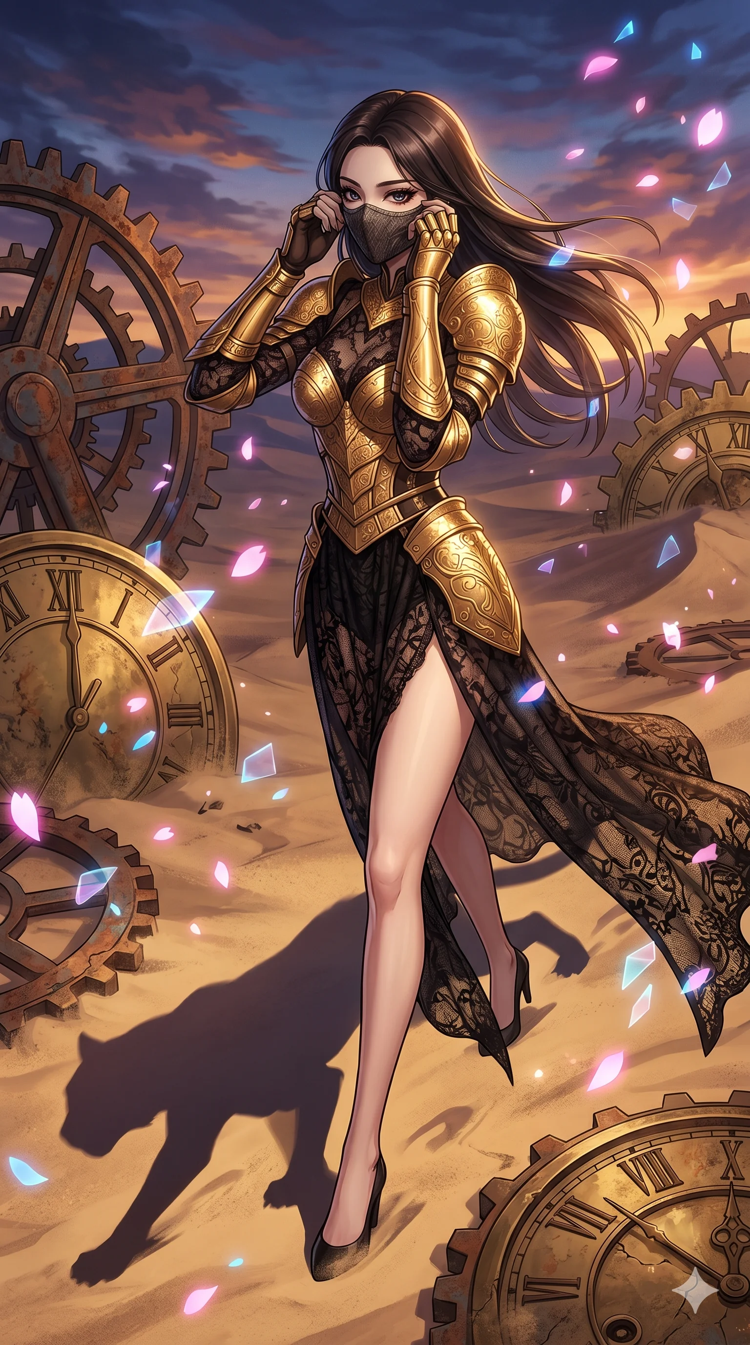 score_9, masterpiece, best quality, ultra-detailed, Set A: High-budget Anime Keyframe, Korean woman. Low angle cowboy shot filling the entire 9:16 frame with her statuesque presence. Adjusting a mask through a clockwork desert, while her shadow mimics the movements of a predator 45 and surrounded by digital sakura petals. She has an absolutely perfect 8-heads proportion, an exceptionally tall and slender female figure with impossibly long slender legs and an ultra-slim waist. Sharp v-shaped jawline, high-bridge nose, intricate jewel-like eyes with depth, thick eyelashes, glossy lips with a natural sheen. Wearing Ornate gold plate armor over a sheer black lace gown with a high-slit. Cinematic lighting, vibrant colors, dramatic shadows, 2k, ultra detail, master piece, 9:16 ratio