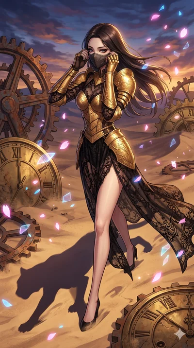 score_9, masterpiece, best quality, ultra-detailed, Set A: High-budget Anime Keyframe, Korean woman. Low angle cowboy shot filling the entire 9:16 frame with her statuesque presence. Adjusting a mask through a clockwork desert, while her shadow mimic