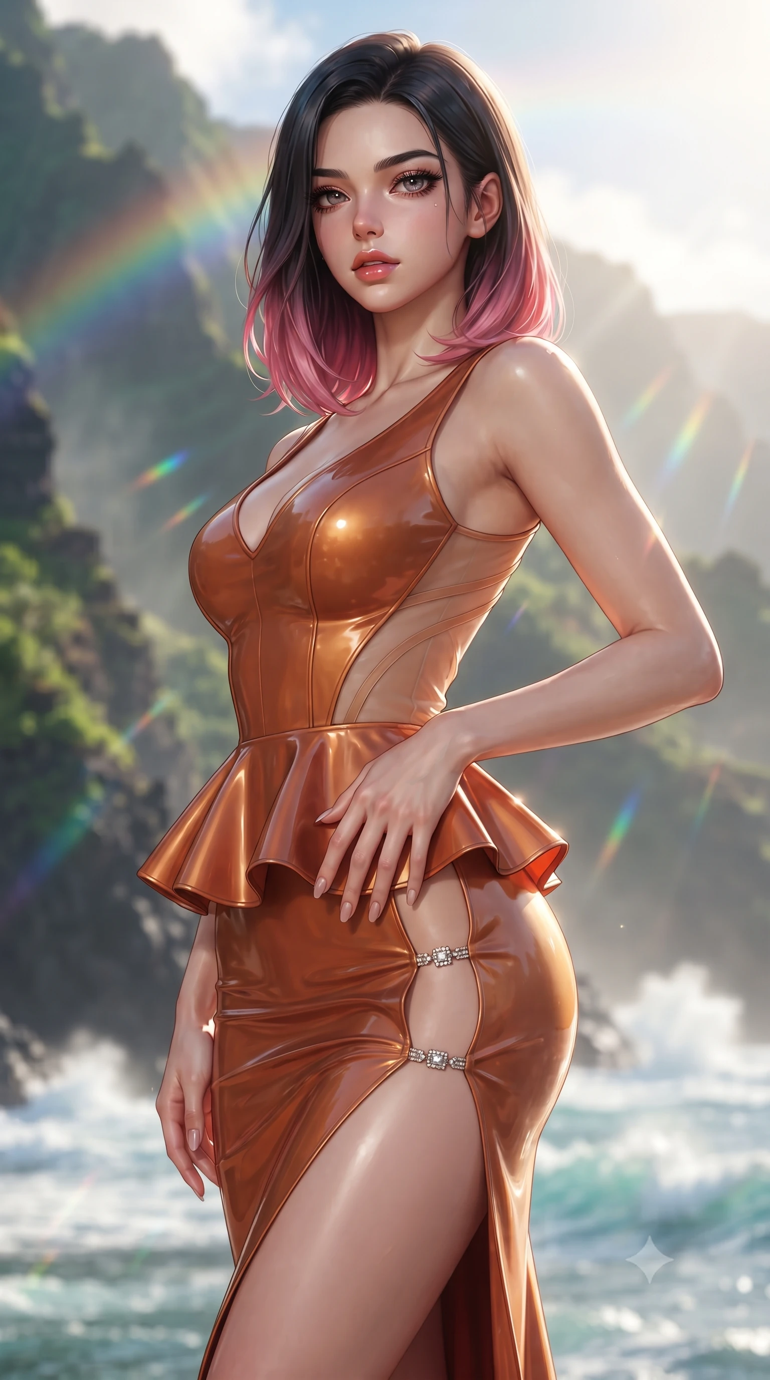 score_9, masterpiece, best quality, ultra-detailed, high-budget anime keyframe, editorial fashion photography, tasteful artistic composition, Korean woman. close-up cowboy shot from the waist and thighs up, the character dominates the composition, filling the frame with her large presence. resting one manicured hand delicately on her hip bone, her upper body turning in a fluid, seductive S-curve while parted lips glisten in the light while turning in an alluring dancer S-curve as tropical mist breaks into a vivid rainbow arching over the colossal emerald ocean cliffs. The composition keeps background elements in soft focus with creamy bokeh. soaring fluted emerald-green volcanic sea cliffs and crashing Pacific waves blurred into vibrant jade, sapphire, and rainbow-glow bokeh. She has an exceptionally elegant, slender, and willowy female figure with an ultra-slim waist, flat toned midriff, narrow ribcage, and sculpted feminine hips creating an alluring, slim hourglass silhouette without bulk. sharp v-shaped jawline, high-bridge nose, intricate jewel-like eyes with depth, thick eyelashes, glossy parted lips with a natural sheen, intensely captivating and seductive bedroom-eyes expression, flawlessly proportioned anatomical accuracy, strict slender model proportions, natural body alignment, perfectly sculpted long slender limbs, ultra-slim waistline, clean dynamic posture without body distortion. wearing a structural geometric peplum gown with sheer side-ribbon cutouts and form-fitting skirt in molten desert gold and burnt terracotta, tailored from second-skin aerodynamic stretch vinyl with specular wet sheen, finished with an ultra-high side slit secured by miniature jeweled clasps, the liquid-tight tailored fabric clinging flawlessly to her narrow waist and rounded feminine hips, emphasizing every millimeter of her sculpted slim hourglass curves without any bulky heaviness. bathed in brilliant tropical late afternoon sunlight cutting through light sea mist and creating vibrant rainbow glints. ultra-reflective glossy finish, specular highlights, rich textural contrasts, high-contrast stereoscopic depth, volumetric dynamic lighting, 2k, ultra detail, master piece, 9:16 ratio