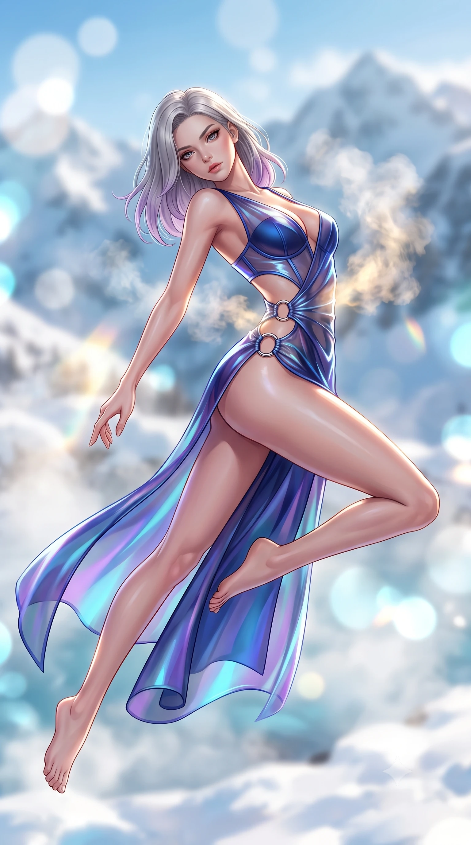 score_9, masterpiece, best quality, ultra-detailed, high-budget anime keyframe, semi-realistic 3D game render, editorial fashion photography, tasteful artistic composition, Caucasian woman. low angle full-body shot from head to toe showing her feet, filling the entire 9:16 vertical frame with her statuesque presence, stretching her vertical silhouette. performing an alluring mid-air vault with flawless poise, looking directly into the camera with smoldering intensity while stretching her slender torso in an alluring back-arch as steam vapors catch golden sunlight on the snow. The composition keeps background elements in soft focus with creamy bokeh. snow-covered alpine peaks and swirling thermal steam clouds blurred into radiant white and cyan bokeh. She has an absolutely perfect, statuesque 8.5-heads proportion, an exceptionally tall and slender model-like female figure with impossibly long slender legs, a toned flat midriff, and an ultra-slim waist. sharp v-shaped jawline, high-bridge nose, intricate jewel-like eyes with depth, thick eyelashes, glossy lips with a natural sheen, flawlessly proportioned anatomical accuracy, strict slender model proportions, natural body alignment, perfectly sculpted long slender limbs, ultra-slim waistline, clean dynamic posture without body distortion. wearing a translucent iridescent organza wrap dress with structured bustier boning, plunging neckline, and high-cut dual leg slits in deep royal navy blue and specular chrome, made of smooth iridescent silk chiffon that shifts colors with movement, detailed with polished silver rings connecting the daring side-waist cutouts, the sleek second-skin cut tightly hugging her graceful clavicle, narrow waist, and feminine curves with athletic precision. illuminated by glowing steam refractions and crisp white specular rim lights defining her silhouette. highly saturated vibrant anime colors, detailed shading with soft gradients, rich glossy textures, high-contrast stereoscopic depth, volumetric dynamic lighting, master piece, 9:16 ratio