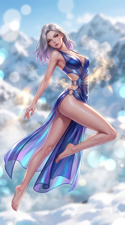 score_9, masterpiece, best quality, ultra-detailed, high-budget anime keyframe, semi-realistic 3D game render, editorial fashion photography, tasteful artistic composition, Caucasian woman. low angle full-body shot from head to toe showing her feet, 