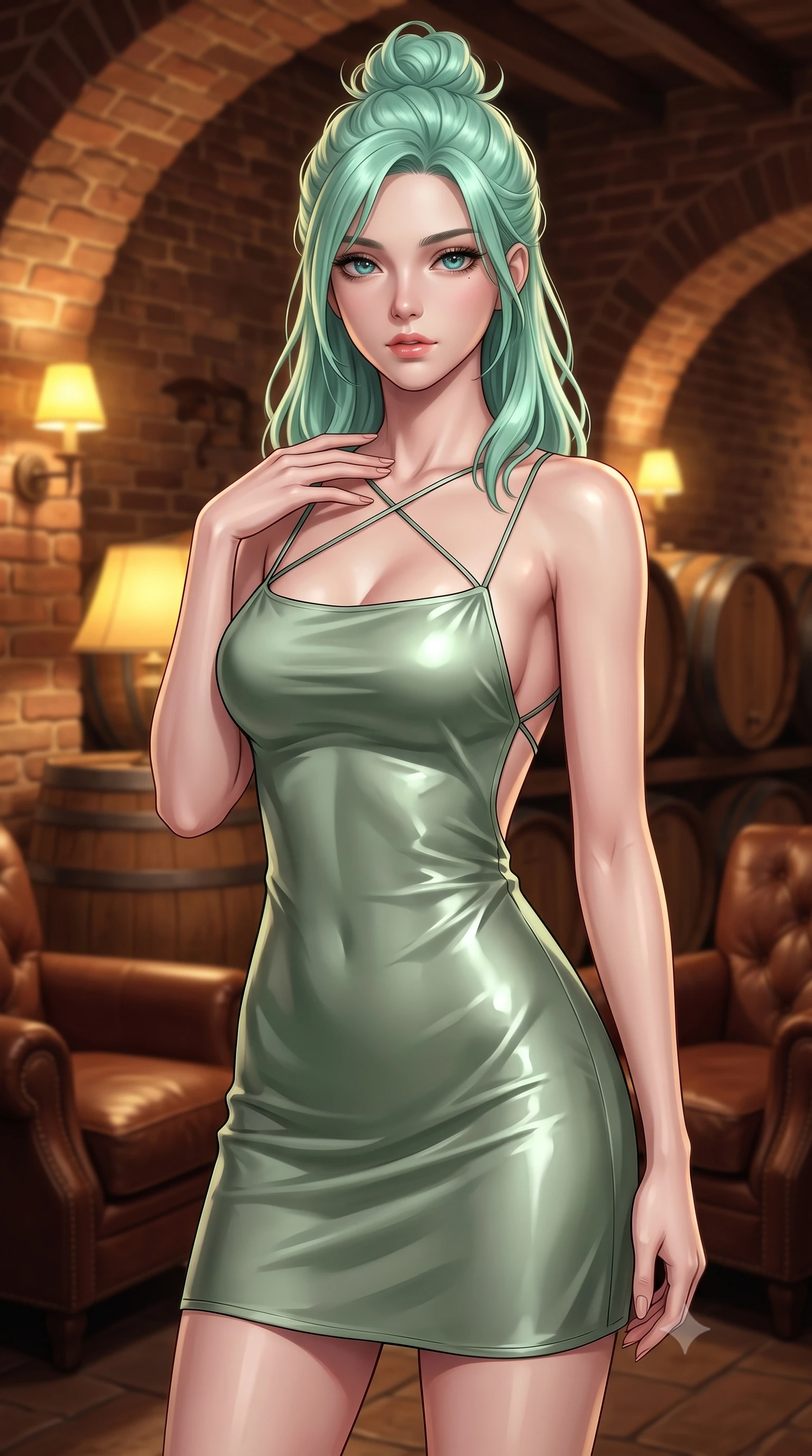 score_9, masterpiece, best quality, ultra-detailed, high-budget anime keyframe, editorial fashion photography, tasteful artistic composition, Japanese woman. close-up cowboy shot from the waist and thighs up, the character dominates the composition, filling the frame with her large presence, background elements kept in soft focus. standing with one hand resting on her collarbone, looking at the viewer with bedroom-eyes the background shows a soft-focus a private wine tasting parlor with brick walls, oak barrels, and leather armchairs. She has an exceptionally elegant, slender, and willowy female figure with an ultra-slim waist, a gracefully sculpted slender torso, and a refined silhouette. sharp v-shaped jawline, high-bridge nose, intricate jewel-like eyes with depth, thick eyelashes, glossy lips with a natural sheen. wearing a slim-fit lightweight silk sundress in sage green with a dramatic open-back and thin criss-cross straps. warm yellow lamplight casting cozy, soft shadows on the brick arches. ultra-reflective glossy finish, specular highlights, metallic sheen, high-contrast stereoscopic depth, volumetric dynamic lighting, 2k, ultra detail, master piece, 9:16 ratio