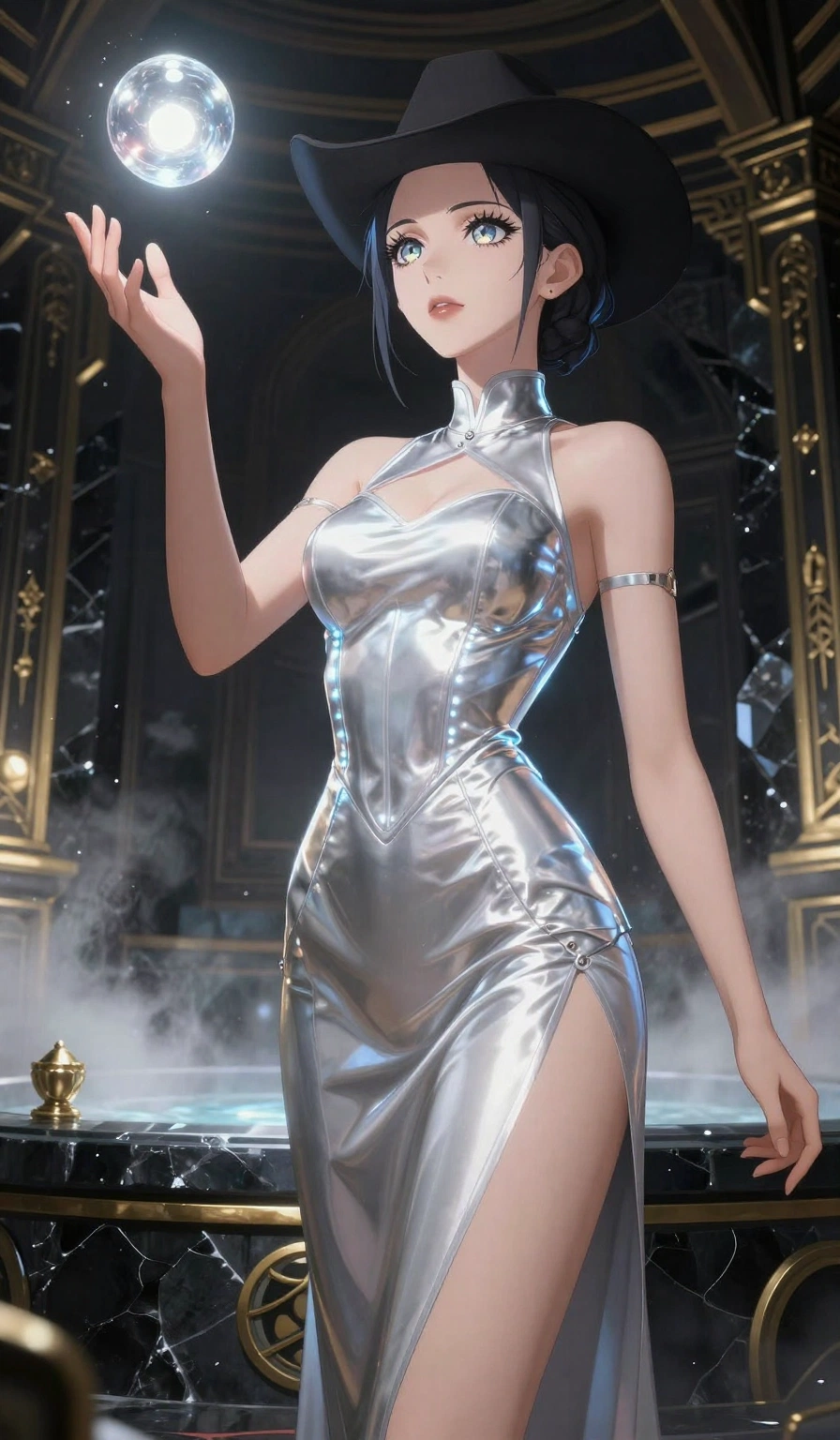 score_9, masterpiece, best quality, ultra-detailed, High-budget Anime Keyframe, Caucasian woman, strictly human ears. Low angle cowboy shot filling the entire 9:16 frame with her statuesque presence. Scenario 473: reaching out to catch a floating sphere of liquid light in a steam-filled bathhouse built of black obsidian stone and gold accents. Her presence is magnetic and overpowering in this high-budget anime scene. Outfit 473: a tailored liquid silver shimmering chiffon corset dress featuring a refined mock-neck collar and glowing LED seams. The clothing is designed to emphasize her exceptionally tall and slender 8-heads proportion. 8-heads proportion, towering silhouette, ultra-slim waist. sharp v-shaped jawline, intricate jewel-like eyes with depth, thick eyelashes, glossy lips. 2k, ultra detail, master piece, 9:16 ratio
