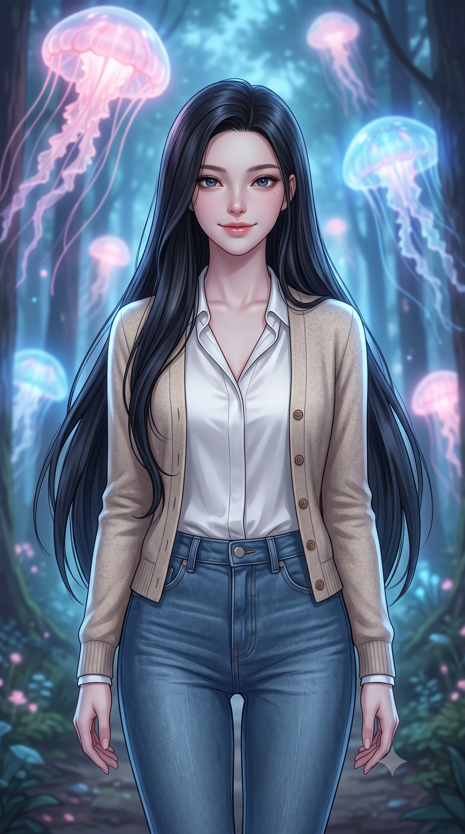 score_9, masterpiece, best quality, ultra-detailed, high-budget anime keyframe, editorial fashion photography, tasteful artistic composition, Korean woman. close-up cowboy shot from the waist and thighs up, the character dominates the composition, filling the frame with her large presence, background elements kept in soft focus. Gently tilting her head with a serene, peaceful smile of quiet happiness. set against a soft-focus background of walking along a forest path under a canopy of giant floating jellyfish-like creatures that drift between trees, emitting soft pink and blue light. She has an exceptionally elegant, slender, and willowy female figure with a highly-defined ultra-slim waist, a gracefully sculpted slender torso, and a refined slim-fit silhouette that contours her form. sharp v-shaped jawline, high-bridge nose, intricate jewel-like eyes with depth, thick eyelashes, glossy lips with a natural sheen. wearing a tailored slim-fit oatmeal wool cardigan over a sleek white silk blouse and high-waisted denim trousers. cool blue and soft pink light from the floating creatures wrapping the forest path in a magical bioluminescent glow. 2k, ultra detail, master piece, 9:16 ratio