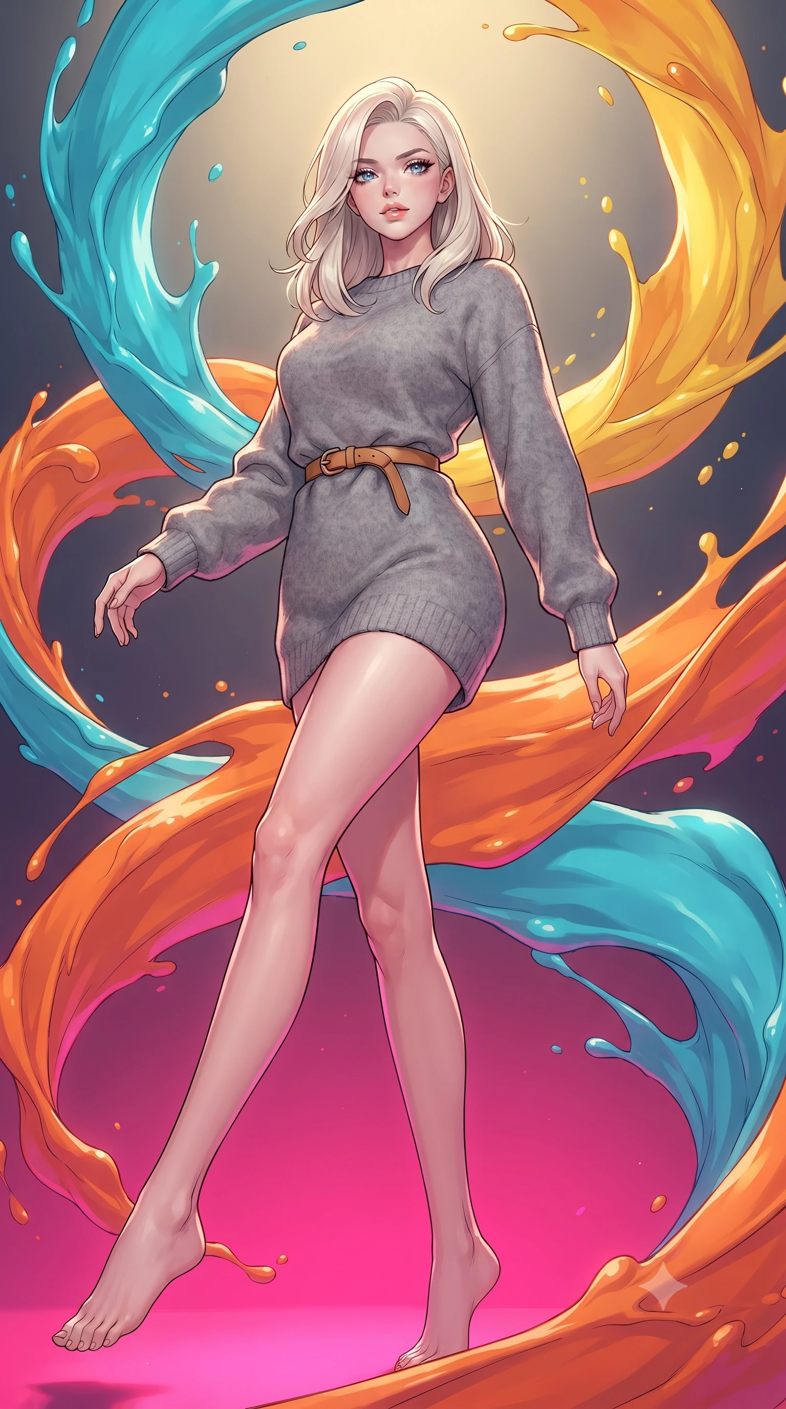 score_9, masterpiece, best quality, ultra-detailed, high-budget anime keyframe, gorgeous anime illustration, with clean line-art and distinct ink outlines, Caucasian woman, strictly human ears. low angle full-body shot from head to toe showing her feet, filling the entire 9:16 vertical frame with her statuesque presence, stretching her vertical silhouette. stepping elegantly through a surreal space where giant swirls of vivid paint (cyan, orange, yellow) are frozen in mid-air, wrapping around the character like solid ribbons. She has a statuesque 8.5-heads proportion, an exceptionally tall, slender and willowy model-like build with impossibly long legs and a highly sculpted ultra-slim waist. sharp v-shaped jawline, high-bridge nose, intricate jewel-like eyes with depth, thick eyelashes, glossy lips with a natural sheen. wearing a soft grey wool-blend sweater dress with long sleeves, paired with a thin camel-colored leather belt. dramatic contrast of hot pink furnace glow from below and cool golden light from above. 2k, ultra detail, master piece, 9:16 ratio, vibrant anime color palette, detailed cel-shading with soft gradients, rich contrast, dynamic lighting, 2d animation style