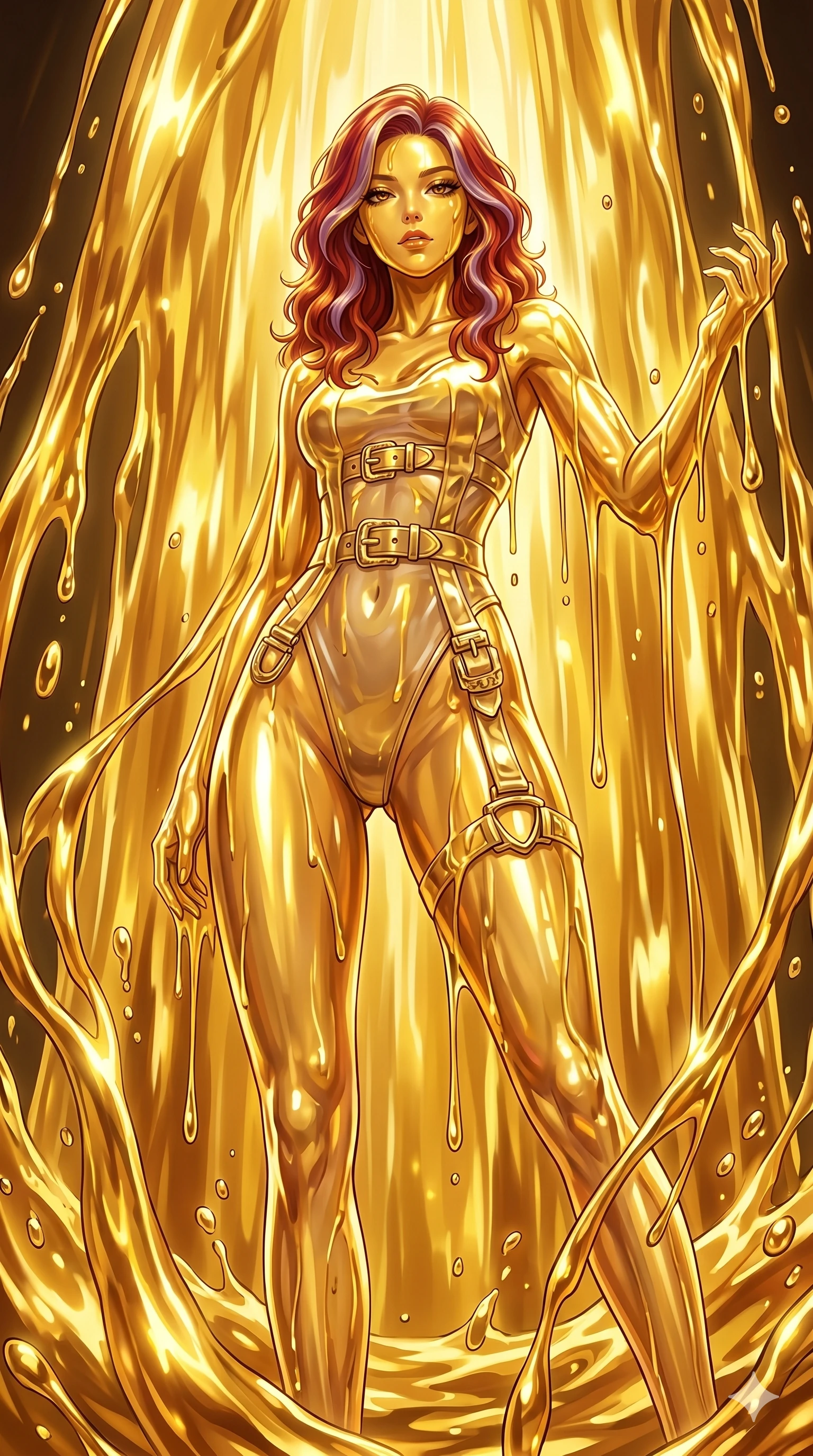 score_9, masterpiece, best quality, ultra-detailed, High-budget Anime Keyframe, East Asian woman. Low angle cowboy shot filling the entire 9:16 frame with her statuesque presence. Scenario 169: Standing under a waterfall of liquid gold, the fluid coating her form. Her presence is magnetic and overpowering in this high-budget anime scene. Outfit 169: A sheer organza sheer with a high-cut leg line and metallic buckles. The clothing is designed to emphasize her exceptionally tall and slender 8-heads proportion. 8-heads proportion, towering silhouette, ultra-slim waist. sharp v-shaped jawline, intricate jewel-like eyes with depth, thick eyelashes, glossy lips. 2k, ultra detail, master piece, 9:16 ratio