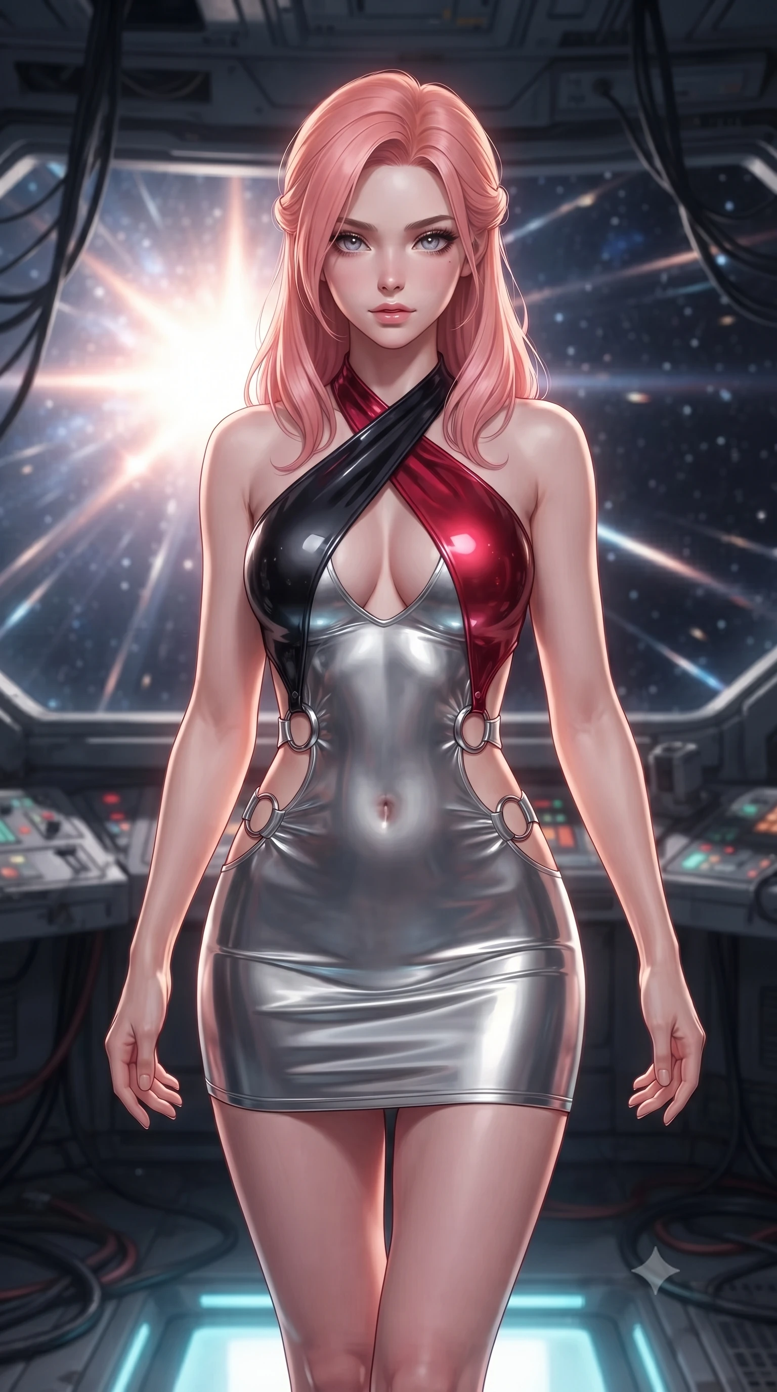 score_9, masterpiece, best quality, ultra-detailed, high-budget anime keyframe, editorial fashion photography, tasteful artistic composition, Japanese woman. close-up cowboy shot from the waist and thighs up, the character dominates the composition, filling the frame with her large presence. gazing directly into the lens with bedroom eyes and a breathtaking, dangerous allure that commands the entire composition while floating weightlessly in the center of an abandoned starship bridge as a dazzling supernova explodes outside. The composition keeps background elements in soft focus with creamy bokeh. starlight reflections creating dreamy luminous streaks across a deep space backdrop. She has an exceptionally elegant, slender, and willowy female figure with an ultra-slim waist, a gracefully sculpted slender torso, and a refined silhouette. sharp v-shaped jawline, high-bridge nose, intricate jewel-like eyes with depth, thick eyelashes, glossy lips with a natural sheen, flawlessly proportioned anatomical accuracy, natural body alignment, perfectly sculpted elegant limbs, clean dynamic posture without body distortion. wearing a molten silver liquid-metal mini dress featuring deep side-waist cutouts and a daring crossover halter neckline in glossy obsidian black and radiant crimson red, crafted from ultra-reflective second-skin latex with a glass-like polish, detailed with polished silver rings connecting the daring side-waist cutouts, the glove-like fit tightly following every curve of her statuesque athletic build. illuminated by glowing holographic console uplights and sharp starlight rim highlights. ultra-reflective glossy finish, specular highlights, metallic sheen, high-contrast stereoscopic depth, volumetric dynamic lighting, 2k, ultra detail, master piece, 9:16 ratio