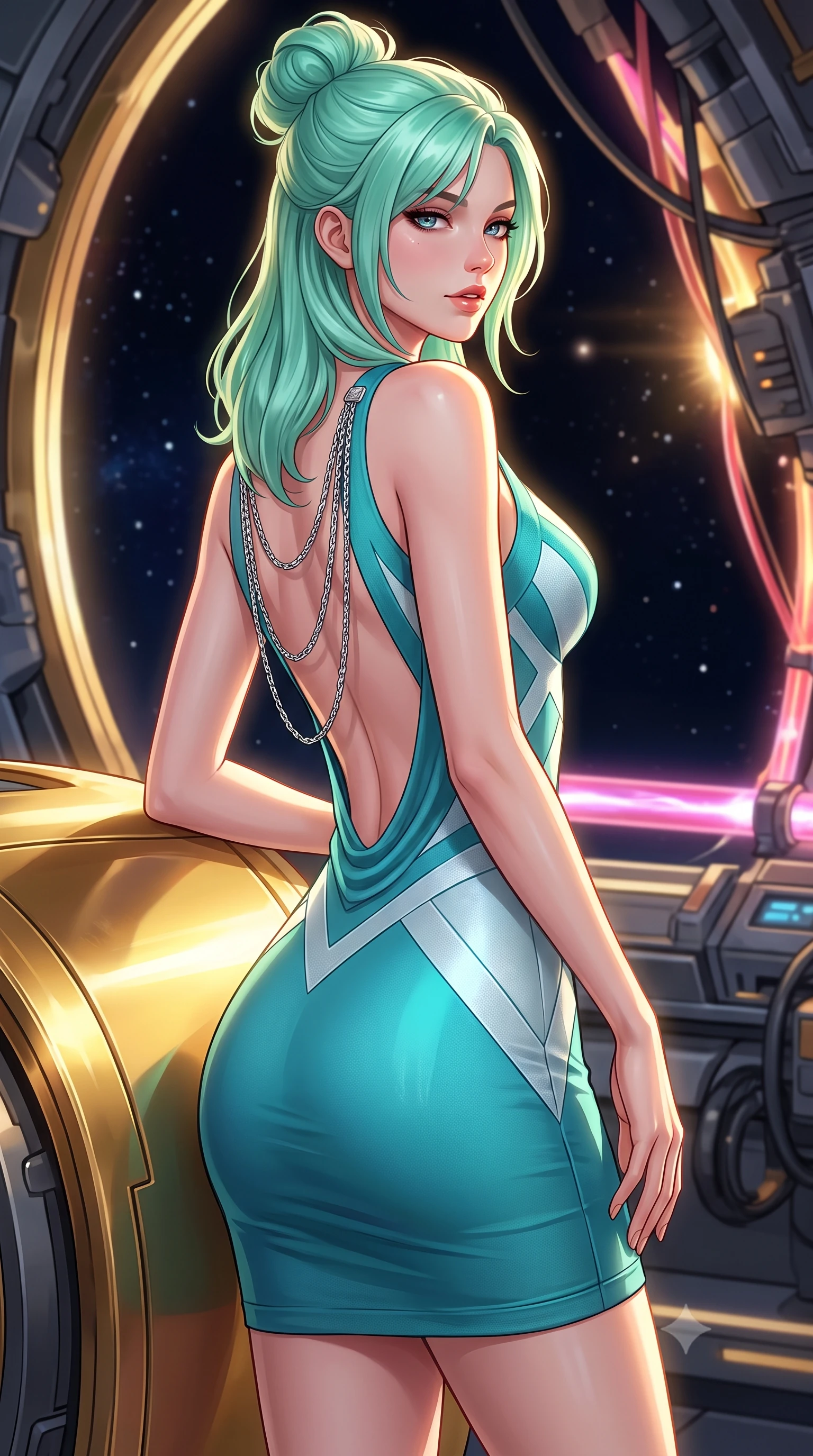score_9, masterpiece, best quality, ultra-detailed, high-budget anime keyframe, semi-realistic 3D game render, editorial fashion photography, tasteful artistic composition, Japanese woman. close-up cowboy shot from the waist and thighs up, the character dominates the composition, filling the frame with her large presence. posing in an alluring rear three-quarter angle, looking over a bare shoulder with parted glossy lips, her hips cocked back to highlight her slim hourglass curve while leaning against the gold-plated radiation shield with hips cocked back, looking through laser-pumped plasma conduits into the pitch-black void with smoldering bedroom-eyes. The background shows a soft-focus vacuum solar radiation shimmer softened in orbital mirror station shallow focus. She has an exceptionally elegant, slender, and willowy female figure with an ultra-slim waist, flat toned midriff, narrow ribcage, and sculpted feminine hips creating an alluring, slim hourglass silhouette without bulk. sharp v-shaped jawline, high-bridge nose, intricate jewel-like sparkling eyes with depth, thick eyelashes, glossy parted lips with a natural peach sheen, bright cheerful beaming smile with an enchanting and coquettish sensual glint, exuding both youthful cute charm and seductive allure, flawlessly proportioned anatomical accuracy, strict slender model proportions, natural body alignment, perfectly sculpted long slender limbs, ultra-slim waistline, clean dynamic posture without body distortion. wearing a dense bandage-knit tactical officer dress with subtle geometric chest accents contouring her delicate ribcage and feminine hips in Europa abyssal turquoise and ice-shelf diamond, made of fluid liquid jersey with seamless sculpting hold and smooth contours, accented with an open-back drape framed by falling strands of delicate chrome chains, the glove-like clinging cut tightly following the natural contour of her hips and long slender legs with youthful 8.5-heads elegance. illuminated by gold mirror reflection bounce and sharp solar-gold rim lights sculpting her jawline, narrow waist, and curvy hips. highly saturated vibrant anime colors, detailed shading with soft gradients, rich glossy textures, high-contrast stereoscopic depth, volumetric dynamic lighting, master piece, 9:16 ratio