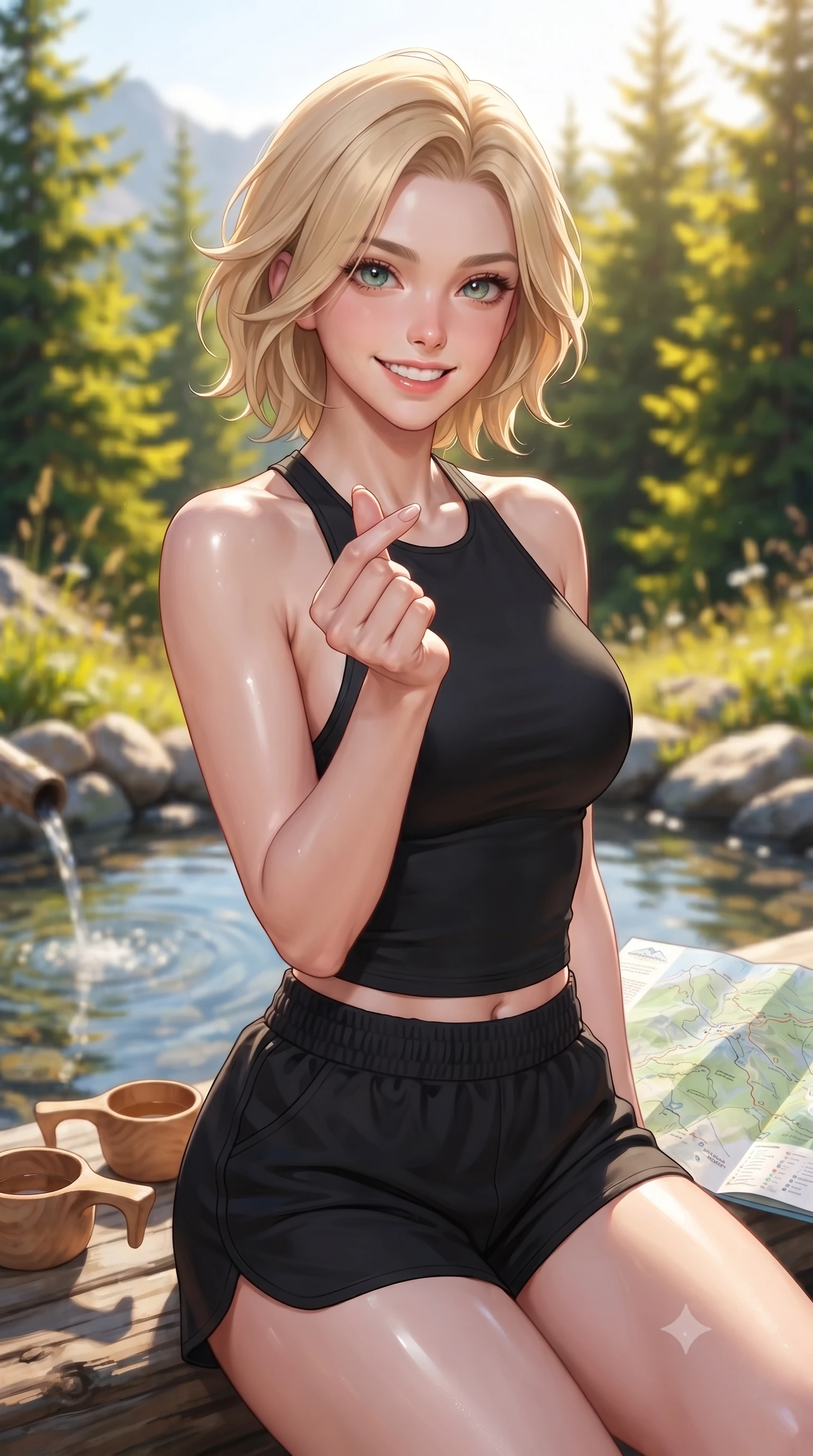 score_9, masterpiece, best quality, ultra-detailed, high-budget anime keyframe, editorial fashion photography, tasteful artistic composition, Caucasian woman. close-up cowboy shot from the waist and thighs up, the character dominates the composition, filling the frame with her large presence, background elements kept in soft focus. flashing a bright, sunny grin, holding her fingers in a cute small heart shape set against a soft-focus background of next to a mountain spring well with clear water and wooden cups holding a map of the mountain trails, looking at the camera. She has an exceptionally elegant, slender, and willowy female figure with an ultra-slim waist, a gracefully sculpted slender torso, and a refined silhouette. sharp v-shaped jawline, high-bridge nose, intricate jewel-like eyes with depth, thick eyelashes, glossy lips with a natural sheen. wearing tailored backless activewear halter top in black, paired with sporty shorts. bright morning alpine sun highlighting the green pine trees in vivid gold. ultra-reflective glossy finish, specular highlights, metallic sheen, high-contrast stereoscopic depth, volumetric dynamic lighting, 2k, ultra detail, master piece, 9:16 ratio