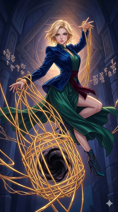 score_9, masterpiece, best quality, ultra-detailed, high-budget anime movie keyframe, cinematic anime lighting, intricate line art, Caucasian (strictly human ears) woman. Mid-air action shot capturing a graceful twist and vertical silhouette. weaving