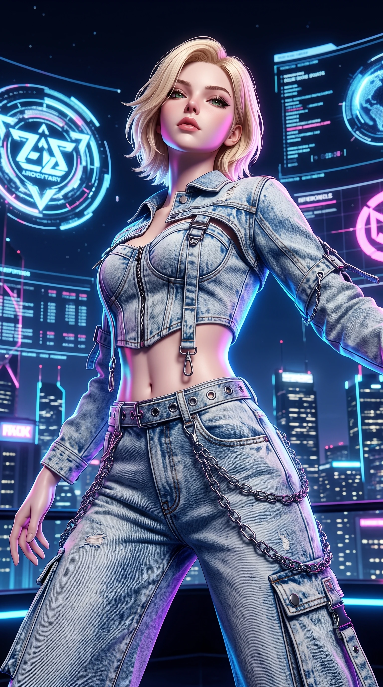 score_9, masterpiece, best quality, ultra-detailed, high-budget anime keyframe, semi-realistic 3D game render, editorial fashion photography, tasteful artistic composition, Caucasian woman. close-up cowboy shot from the waist and thighs up, the character dominates the composition, filling the frame with her large presence. tilting her chin up with proud, sovereign confidence while gazing directly into the lens with thick, dark eyelashes while pivoting with energetic street-dance momentum as giant holographic animated logos flash across the night sky behind her. The surrounding environment is rendered in vivid detail and crisp panoramic clarity. vibrant futuristic rave chiaroscuro and exhilarating high-altitude electronic nightlife in precision. She has an exceptionally elegant, slender, and willowy female figure with an ultra-slim waist, a gracefully sculpted slender torso, toned flat midriff, and a refined slim silhouette. sharp v-shaped jawline, high-bridge nose, intricate jewel-like eyes with depth, thick eyelashes, glossy lips with a natural sheen, captivating and magnetic expression, flawlessly proportioned anatomical accuracy, strict slender model proportions, natural body alignment, perfectly sculpted long slender limbs, ultra-slim waistline, clean dynamic posture without body distortion. wearing a deconstructed denim corseted crop jacket paired with high-waisted wide-leg utility jeans and a silver grommet belt in acid-wash light denim and dark chrome, tailored from distressed structured cotton denim with metallic thread, accented with hanging industrial clip straps and chrome chain links edition #23, the form-contouring material adhering flawlessly to her sculpted flat midriff and slender torso, emphasizing her long leg lines and perfectly proportioned willowy build. illuminated by crisp rim lights accentuating her ultra-slim waistline and long athletic limbs. highly saturated vibrant anime colors, detailed shading with soft gradients, rich glossy textures, high-contrast stereoscopic depth, volumetric dynamic lighting, master piece, 9:16 ratio