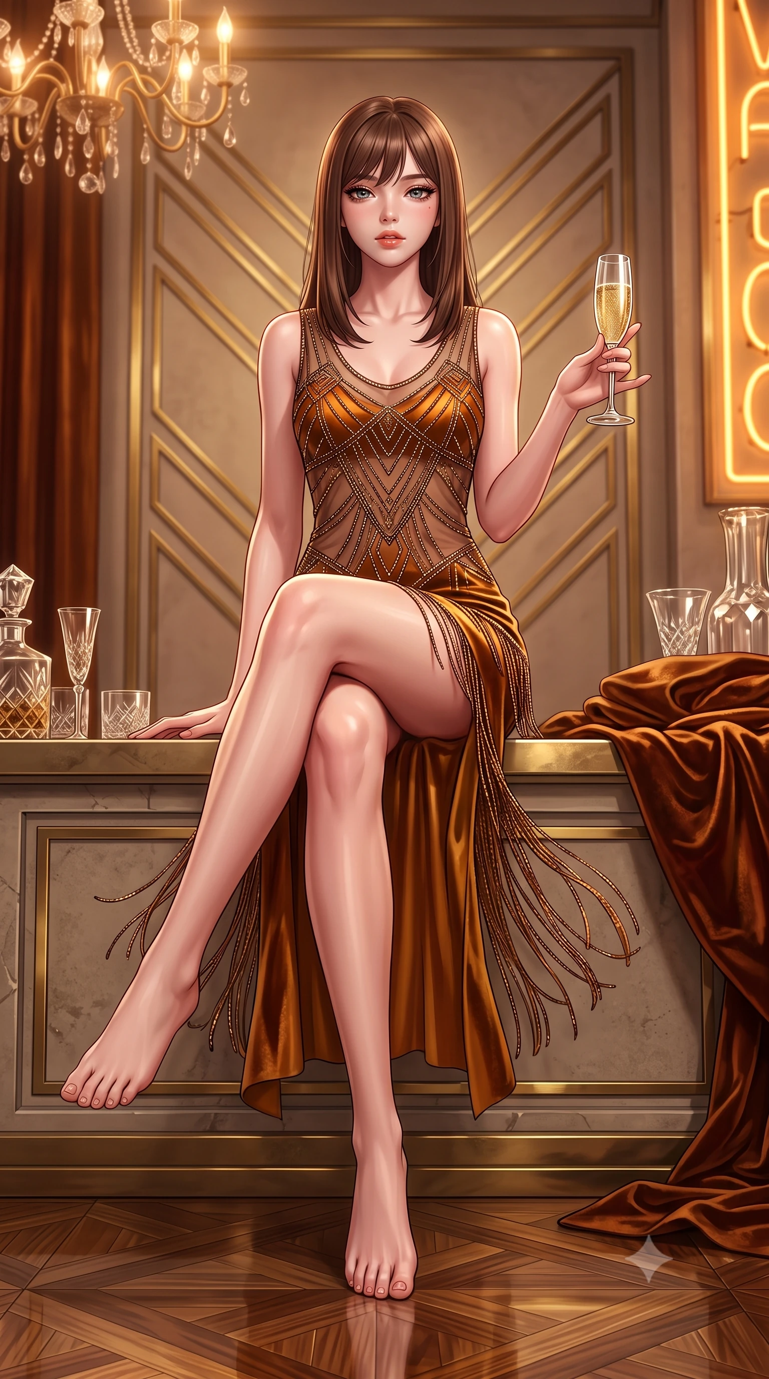 score_9, masterpiece, best quality, ultra-detailed, high-budget anime keyframe, semi-realistic 3D game render, editorial fashion photography, tasteful artistic composition, Korean woman. low angle full-body shot from head to toe showing her feet, filling the entire 9:16 vertical frame with her statuesque presence, stretching her vertical silhouette. sitting perched on the elevated ledge with hips angled toward the camera and legs crossed, displaying her toned midriff and flawlessly sculpted slender limbs while twirling dynamically on the polished parquet dance floor, fringes of her dress fluttering around her curvy hips. The surrounding environment is rendered in vivid detail and crisp panoramic clarity. sharp geometric brass chevron wall moldings, crystal glass facets, and velvet fabric pile in deep focus. She has an absolutely perfect, statuesque 8.5-heads proportion, an exceptionally tall and slender model-like female figure with impossibly long slender legs, a toned flat midriff, an ultra-slim waist, and beautifully sculpted feminine hips. sharp v-shaped jawline, high-bridge nose, intricate jewel-like eyes with depth, thick eyelashes, glossy parted lips with a natural sheen, intensely captivating and seductive bedroom-eyes expression, flawlessly proportioned anatomical accuracy, strict slender model proportions, natural body alignment, perfectly sculpted long slender limbs, ultra-slim waistline, clean dynamic posture without body distortion. wearing a sheer vintage mesh flapper dress adorned with intricate geometric beadwork over a silk slip in rich whiskey amber and liquid bronze, crafted from heavyweight crushed silk velvet with liquid vintage luster, accessorized with a vintage crystal champagne flute held in her manicured hand, the glove-like aerodynamic silhouette tightly following the natural contour of her hips and long slender legs with statuesque precision. bathed in warm incandescent chandelier warmth and vintage amber neon glow. highly saturated vibrant anime colors, detailed shading with soft gradients, rich glossy textures, high-contrast stereoscopic depth, volumetric dynamic lighting, master piece, 9:16 ratio