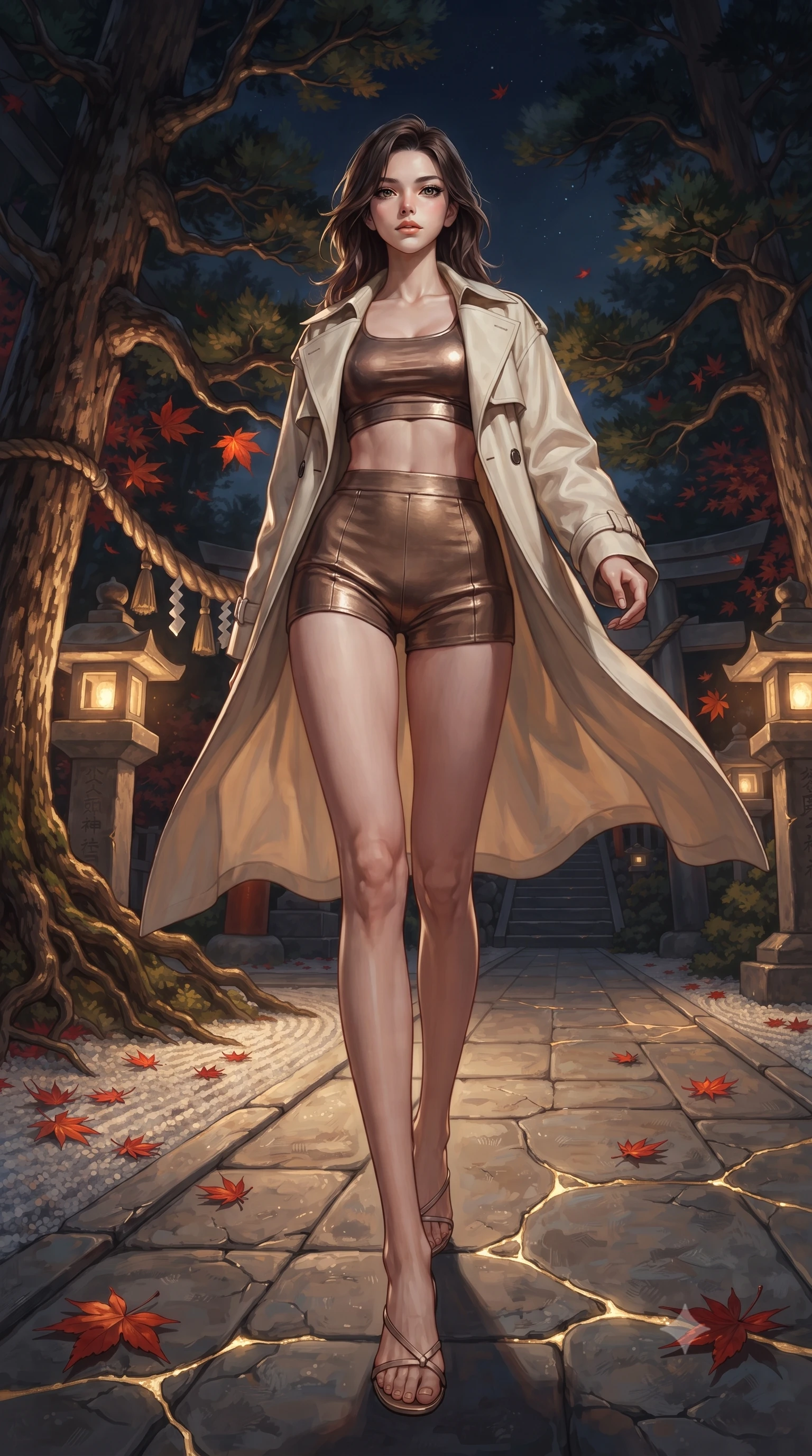 score_9, masterpiece, best quality, ultra-detailed, high-budget anime keyframe, editorial fashion photography, tasteful artistic composition, Korean woman. low angle full-body shot from head to toe showing her feet, filling the entire 9:16 vertical frame with her statuesque presence, stretching her vertical silhouette. navigating with fluid motion through a traditional Japanese Shinto shrine courtyard at night with stone lanterns casting warm pools of light ancient cedar trees autumn maple leaves in brilliant red and a raked gravel garden gleaming in moonlight. She has a statuesque 8.5-heads proportion, an exceptionally tall, slender and willowy model-like build with impossibly long legs and a highly sculpted ultra-slim waist. sharp v-shaped jawline, high-bridge nose, intricate jewel-like eyes with depth, thick eyelashes, glossy lips with a natural sheen. wearing a metallic bronze crop top paired with high-waisted matching micro-shorts, under a flowing cream trench coat. glowing kintsugi gold light radiating from cracks in the environment creating a majestic inner glow. 2k, ultra detail, master piece, 9:16 ratio