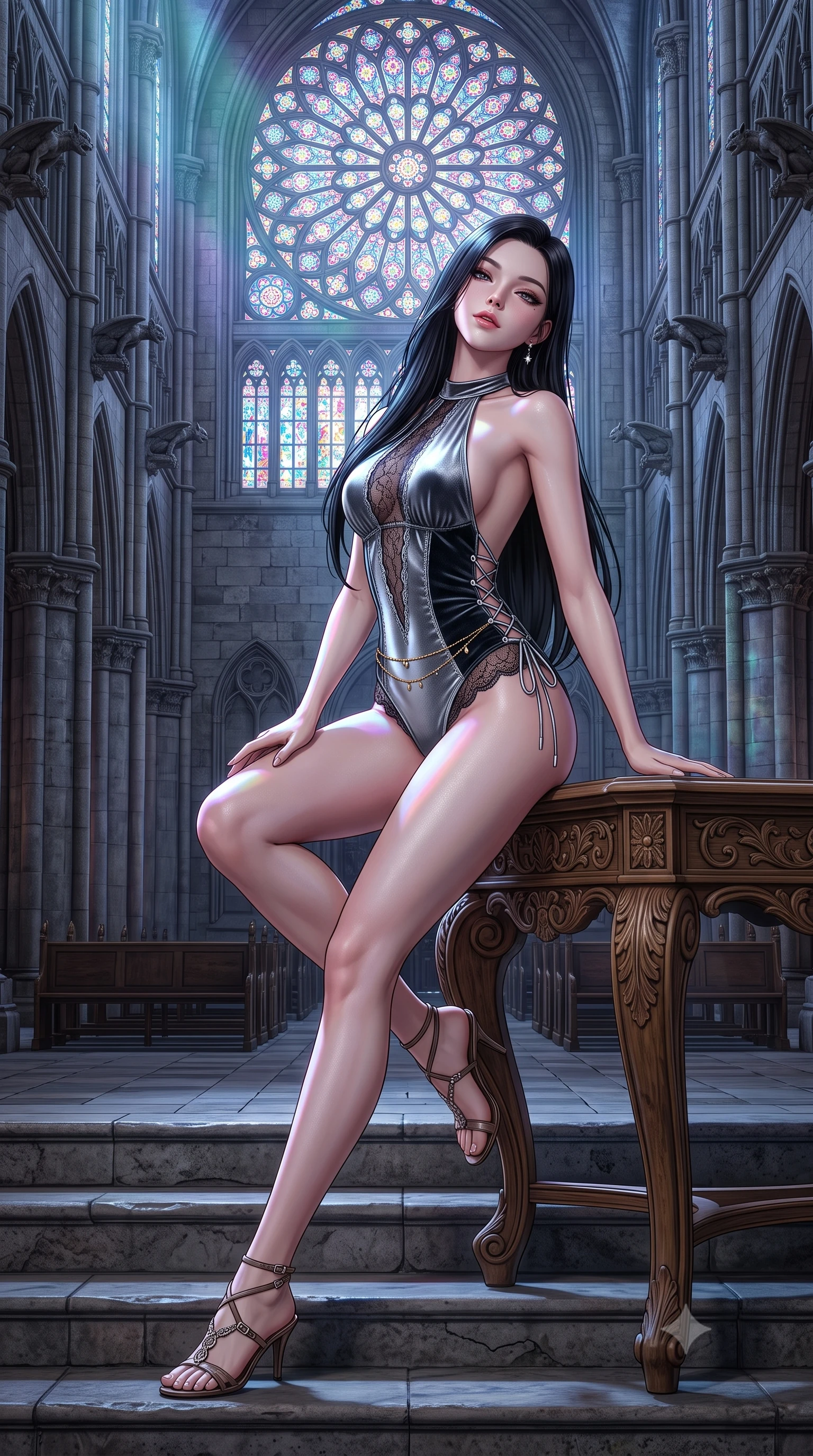score_9, masterpiece, best quality, ultra-detailed, high-budget anime keyframe, semi-realistic 3D game render, editorial fashion photography, tasteful artistic composition, Korean woman. low angle full-body shot from head to toe showing her feet, filling the entire 9:16 vertical frame with her statuesque presence, stretching her vertical silhouette. sitting poised on the stone steps with one knee bent, arching her spine with supermodel elegance as she glances upward through thick eyelashes while leaning against the carved oak console with hips cocked back, looking down into the vast empty nave with smoldering bedroom-eyes. The surrounding environment is rendered in vivid detail and crisp panoramic clarity: detailed sheer mesh lace leotard weave, sparkling diamond earrings, and monumental gothic masonry in razor-sharp precision. She has an absolutely perfect, statuesque 8.5-heads proportion, an exceptionally tall and slender model-like female figure with impossibly long slender legs, an ultra-slim waist, a flat toned midriff, narrow delicate ribcage, and beautifully sculpted feminine hips creating a graceful, slim hourglass silhouette without any bulky heaviness. sharp v-shaped jawline, high-bridge nose, sparkling eyes with hypnotic seductive depth, thick curled eyelashes, glossy parted lips with a natural dewy peach sheen, alluring bedroom-eyes with an enchanting coquettish smile, exuding magnetic siren charisma and sophisticated glamour, flawlessly proportioned anatomical accuracy, strict slender model proportions, natural body alignment, perfectly sculpted long slender limbs, ultra-slim waistline, clean dynamic posture without body distortion. wearing a slinky backless halterneck velvet leotard with scalloped eyelash lace hems and sheer lace-up side ties in molten liquid silver and midnight charcoal with platinum highlights, tailored from ultra-plush velvet with rich tactile depth and deep shadow gradients, accented with a dainty gold belly chain resting across her flat midriff and curving hips, the second-skin tailored fabric adhering flawlessly to her sculpted flat midriff and slender torso, emphasizing her long leg lines and perfectly proportioned willowy build. bathed in ethereal jewel-toned moonlight filtering through the colossal stained-glass rose window. highly saturated vibrant anime colors, detailed shading with soft gradients, rich glossy textures, high-contrast stereoscopic depth, volumetric dynamic lighting, master piece, 9:16 ratio