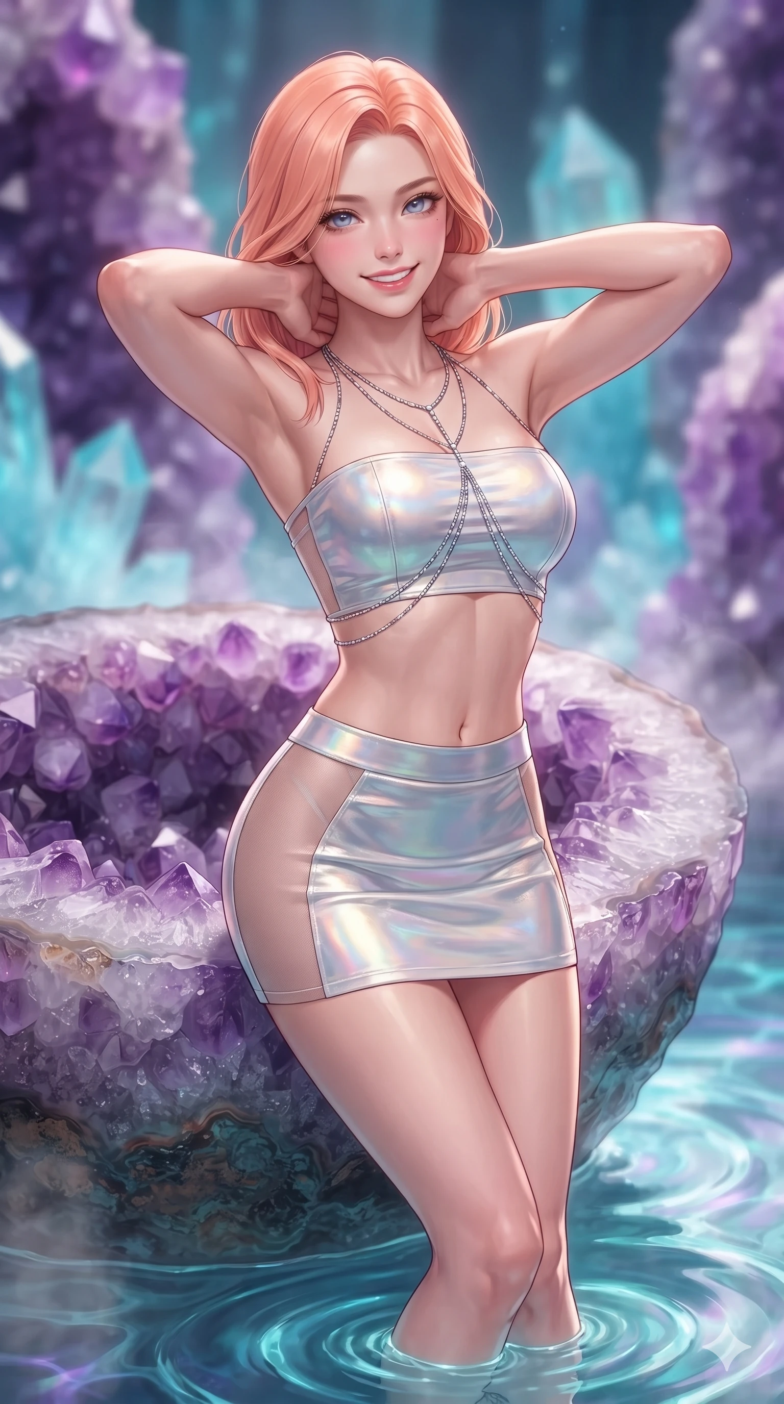 score_9, masterpiece, best quality, ultra-detailed, high-budget anime keyframe, semi-realistic 3D game render, editorial fashion photography, tasteful artistic composition, Japanese woman. close-up cowboy shot from the waist and thighs up, the character dominates the composition, filling the frame with her large presence. resting both hands lightly behind her neck with elbows raised, arching her spine to highlight her narrow waist, flat midriff, and breathtaking collarbones while leaning against the giant amethyst geode rim with hips cocked back, watching phosphorescent mineral ripples swirl with smoldering bedroom-eyes. The background shows a soft-focus towering purple amethyst and cyan celestine crystal clusters, phosphorescent water currents, and rising mineral steam blurred into amethyst, neon cyan, and diamond bokeh. She has an exceptionally elegant, slender, and willowy female figure with an ultra-slim waist, flat toned midriff, narrow ribcage, and sculpted feminine hips creating an alluring, slim hourglass silhouette without bulk. sharp v-shaped jawline, high-bridge nose, intricate jewel-like sparkling eyes with depth, thick eyelashes, glossy parted lips with a natural peach sheen, bright cheerful beaming smile with an enchanting and coquettish sensual glint, exuding both youthful cute charm and seductive allure, flawlessly proportioned anatomical accuracy, strict slender model proportions, natural body alignment, perfectly sculpted long slender limbs, ultra-slim waistline, clean dynamic posture without body distortion. wearing an ultra-cropped fitted bandeau top paired with a micro mini tennis skirt revealing her flat toned midriff in iridescent mother-of-pearl and liquid molten silver, featuring strategic sheer-illusion tulle side panels framing her ribcage and hips, accented with a chrome-drop body harness subtly framing her dewy collarbones and spine, the bespoke structured tailoring following the natural line of her 8.5-heads silhouette with refined elegance. illuminated by pool surface reflection bounce and sharp neon-violet rim lights sculpting her jawline, narrow waist, and curvy hips. highly saturated vibrant anime colors, detailed shading with soft gradients, rich glossy textures, high-contrast stereoscopic depth, volumetric dynamic lighting, master piece, 9:16 ratio