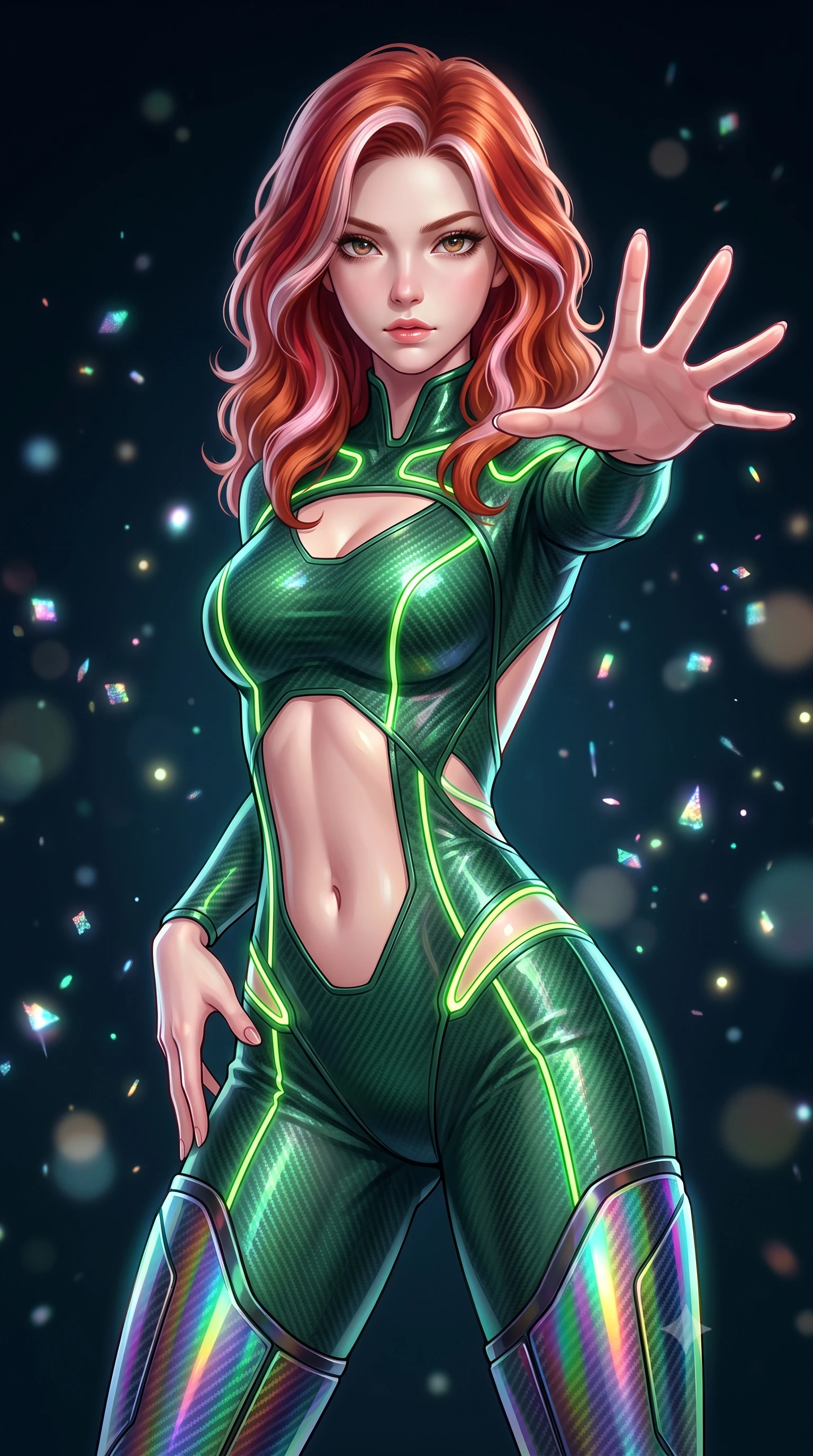 score_9, masterpiece, best quality, ultra-detailed, high-budget anime keyframe, semi-realistic 3D game render, editorial fashion photography, tasteful artistic composition, Caucasian woman. close-up cowboy shot from the waist and thighs up, the character dominates the composition, filling the frame with her large presence. in a razor-sharp Panzer Kunst fighting guard, one hand extended with palm open in fluid kinetic tension, captivating jewel-like eyes locked onto the viewer with dangerous focus while resting one hand along her slender hip while gazing into the lens with an omniscient, dangerous martial smolder. The composition keeps background elements in soft focus with creamy bokeh. sparkling holographic data particles scattering soft glowing light motes across a deep tech backdrop. She has an exceptionally elegant, slender, and willowy female figure with an ultra-slim waist, a gracefully sculpted slender torso, toned flat midriff, and a refined slim silhouette. sharp v-shaped jawline, high-bridge nose, intricate jewel-like eyes with depth, thick eyelashes, glossy lips with a natural sheen, flawlessly proportioned anatomical accuracy, strict slender model proportions, natural body alignment, perfectly sculpted long slender limbs, ultra-slim waistline, clean dynamic posture without body distortion. wearing a tailored emerald-green carbon-fiber tactical jumpsuit with glowing lime LED channels, open cowl back, and reinforced combat shin-guards in high-gloss iridescent rainbow carbon with prism holographic sheen, crafted from semi-translucent cybernetic carbon-vinyl interwoven with glowing micro-filaments, accented with glowing fiber-optic conduits tracing her collarbones and hip curves, the precision-cut daring openings accentuating her delicate midriff, graceful bare collarbones, and ultra-slim feminine waistline. illuminated by sharp specular highlights tracing her ultra-slim waist, long legs, and sculpted collarbones. rich saturated anime colors with glowing neon highlights, detailed shading with soft gradients, rich glossy textures, high-contrast stereoscopic depth, volumetric dynamic lighting, master piece, 9:16 ratio