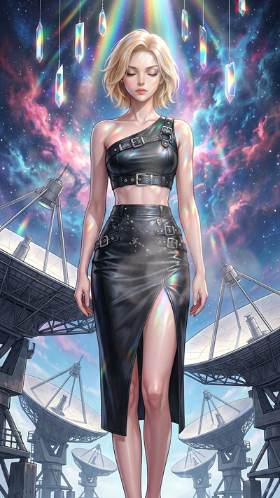 A high-budget anime film style video. Bright volumetric light beams stream through hanging crystals, refracting into dynamic, rotating rainbow flares that sweep across the frame. Shimmering dust motes float through the illuminated beams. The camera m