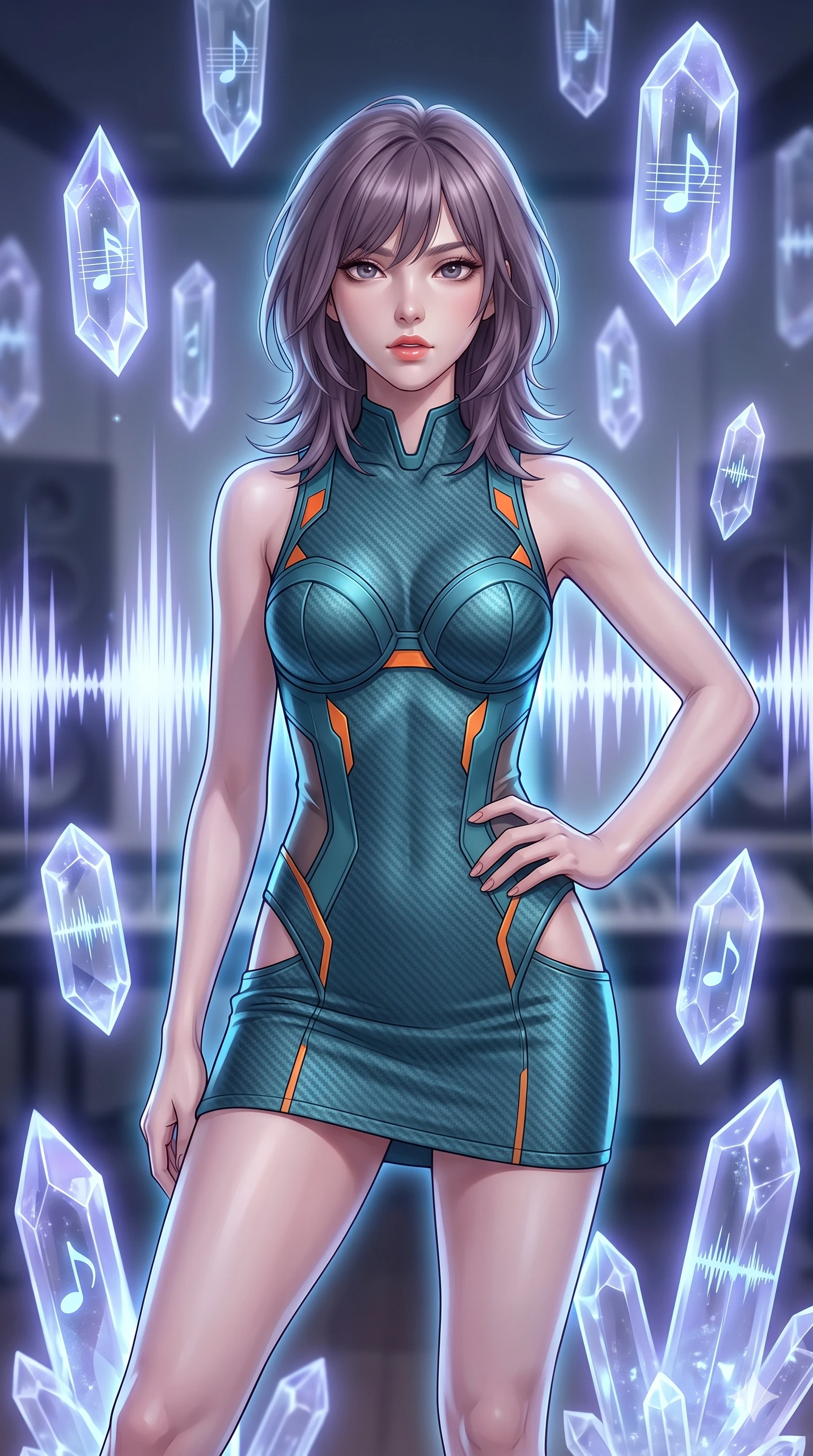 score_9, masterpiece, best quality, ultra-detailed, high-budget anime keyframe, editorial fashion photography, tasteful artistic composition, Japanese woman. close-up cowboy shot from the waist and thighs up, the character dominates the composition, filling the frame with her large presence, background elements kept in soft focus. Looking directly at the camera with a bold fearless expression and parted lips. set against a soft-focus background of a music studio where powerful sound waves have frozen mid-propagation into crystalline structures in the air each transparent crystal formation humming with a different captured musical note. She has an exceptionally elegant and slender, willowy female figure with an ultra-slim waist, a gracefully sculpted slender torso, and a refined slim physique. sharp v-shaped jawline, high-bridge nose, intricate jewel-like eyes with depth, thick eyelashes, glossy lips with a natural sheen. wearing a carbon fiber textured combat mini dress in matte teal, featuring bright orange accents, strategic hip cutouts, and sculpted cups. cool ethereal blue-violet bioluminescent glow wrapping around her from all sides. 2k, ultra detail, master piece, 9:16 ratio