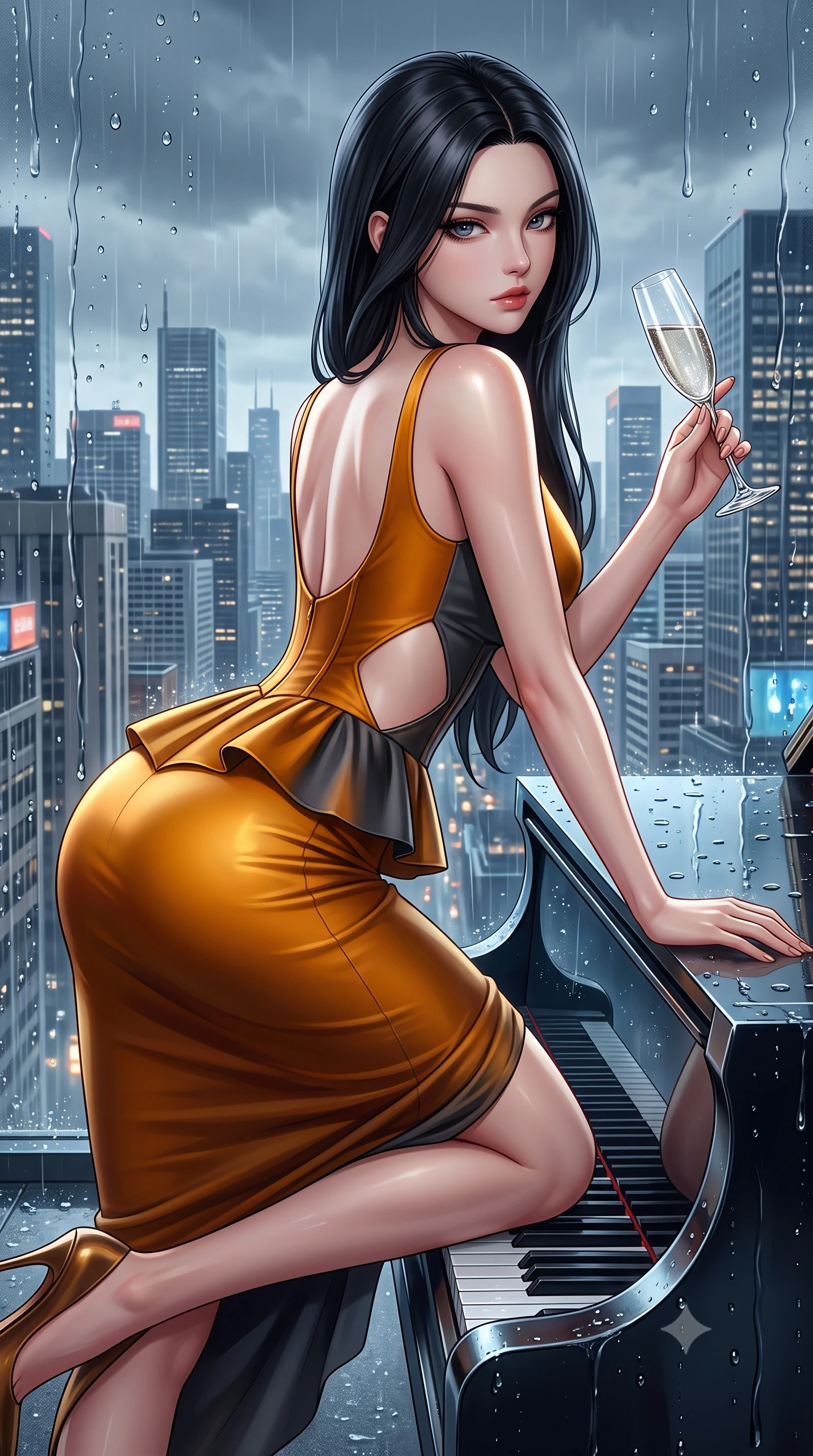 score_9, masterpiece, best quality, ultra-detailed, high-budget anime keyframe, semi-realistic 3D game render, editorial fashion photography, tasteful artistic composition, Korean woman. low angle full-body shot from head to toe showing her feet, filling the entire 9:16 vertical frame with her statuesque presence, stretching her vertical silhouette. reclining on her side in an elegant Cleopatra pose with one knee drawn up, the dramatic contour of her rounded hips and long slender legs commanding the 9:16 vertical frame while leaning forward against the sleek curved piano rim with lower back arched, casting an alluring over-the-shoulder bedroom-glance through rain-streaked glass. The surrounding environment is rendered in vivid detail and crisp panoramic clarity. detailed wet glass raindrop beads, silk dress drape folds, and city skyline architecture in high clarity. She has an absolutely perfect, statuesque 8.5-heads proportion, an exceptionally tall and slender model-like female figure with impossibly long slender legs, a toned flat midriff, an ultra-slim waist, and beautifully sculpted feminine hips. sharp v-shaped jawline, high-bridge nose, intricate jewel-like eyes with depth, thick eyelashes, glossy parted lips with a natural sheen, intensely captivating and seductive bedroom-eyes expression, flawlessly proportioned anatomical accuracy, strict slender model proportions, natural body alignment, perfectly sculpted long slender limbs, ultra-slim waistline, clean dynamic posture without body distortion. wearing a modern peplum corset dress with side-waist diamond cutouts and an ultra-tight silhouette in molten amber-gold and dark gunmetal, made of fluid silk crepe with delicate inner corsetry boning, accessorized with a crystal champagne flute held in her manicured hand, the precision-cut side openings and low-back scoop framing her graceful spine and the sensual sweep of her hips. illuminated by sleek metallic reflections sculpting her sculpted collarbones, ultra-slim waist, and curvy hips. highly saturated vibrant anime colors, detailed shading with soft gradients, rich glossy textures, high-contrast stereoscopic depth, volumetric dynamic lighting, master piece, 9:16 ratio