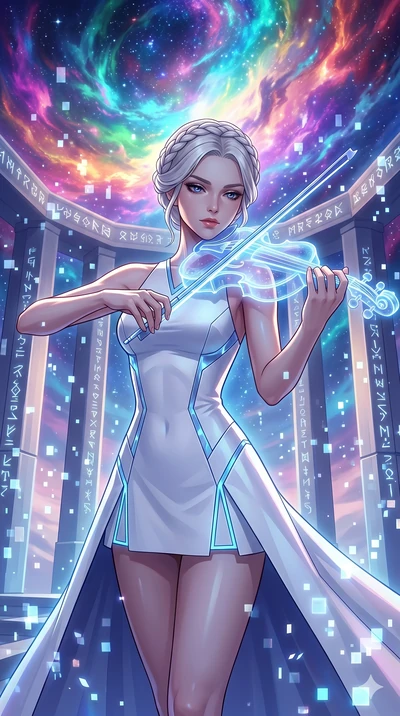score_9, masterpiece, best quality, ultra-detailed, Set A: High-budget Anime Keyframe, Japanese woman. Upper body close-up from the thighs up, character filling the screen for maximum presence. Theme: Abstract Cosmic. playing a holographic violin in 