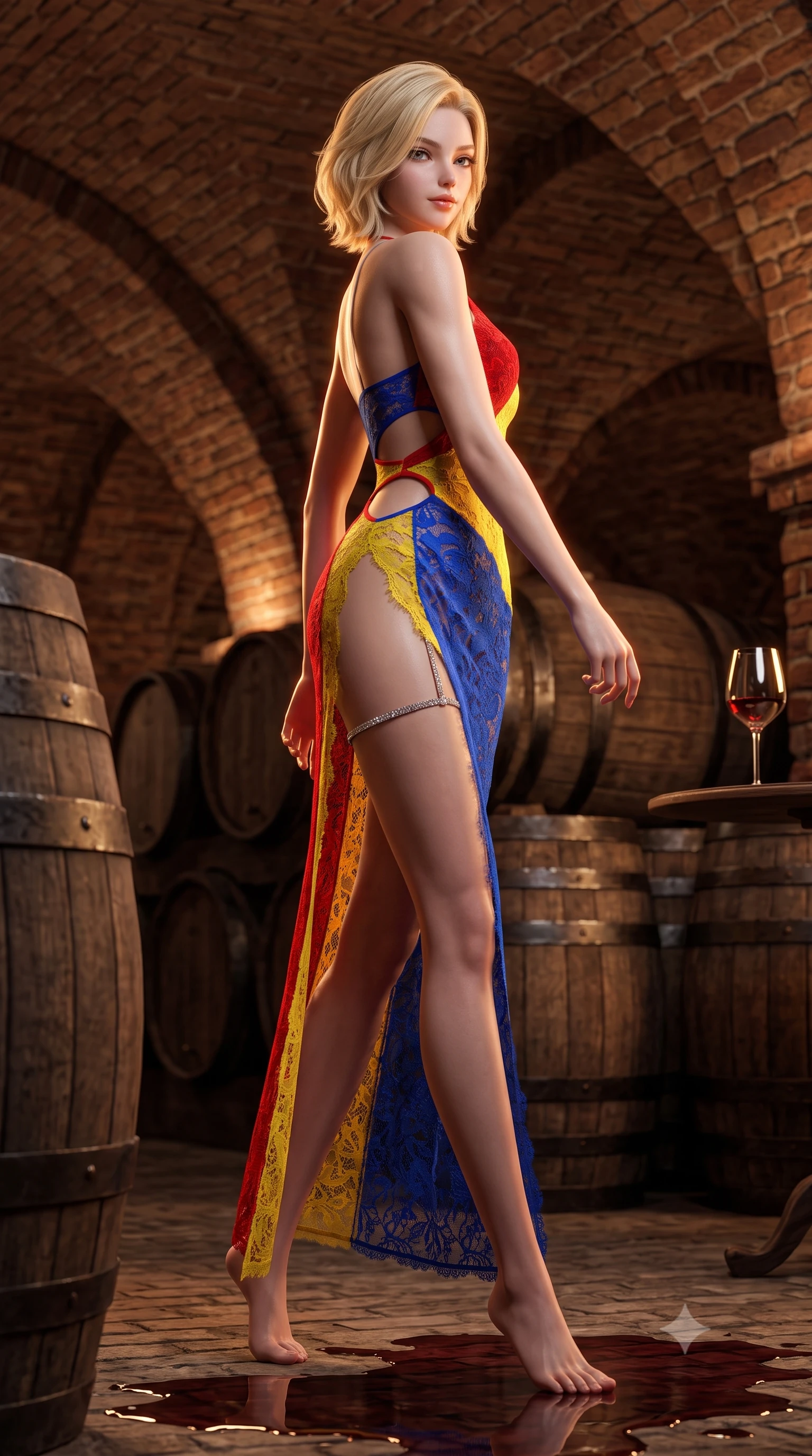 score_9, masterpiece, best quality, ultra-detailed, high-budget anime keyframe, semi-realistic 3D game render, editorial fashion photography, tasteful artistic composition, Caucasian woman. low angle full-body shot from head to toe showing her feet, filling the entire 9:16 vertical frame with her statuesque presence, stretching her vertical silhouette. walking along the terrace with poise, looking back over her bare shoulder with an irresistible smoldering bedroom-gaze while lounging against an ancient carved wine cask with legs crossed, arching her lower back with seductive vampire queen poise. The surrounding environment is rendered in vivid detail and crisp panoramic clarity: sharp ancient brick vaulting texture, iron hoop bands on weathered oak barrels, and wine glass refraction clarity in deep focus. She has an absolutely perfect, statuesque 8.5-heads proportion, an exceptionally tall and slender model-like female figure with impossibly long slender legs, an ultra-slim waist, a flat toned midriff, narrow delicate ribcage, and beautifully sculpted feminine hips creating a graceful, slim hourglass silhouette without any bulky heaviness. sharp v-shaped jawline, high-bridge nose, sparkling eyes with hypnotic seductive depth, thick curled eyelashes, glossy parted lips with a natural dewy peach sheen, alluring bedroom-eyes with an enchanting coquettish smile, exuding magnetic siren charisma and sophisticated glamour, flawlessly proportioned anatomical accuracy, strict slender model proportions, natural body alignment, perfectly sculpted long slender limbs, ultra-slim waistline, clean dynamic posture without body distortion. wearing a sculptural liquid jersey column dress with a dramatic hip-high side slit and asymmetrical cutout waist darts in Mondrian primary red, canary yellow, and electric cobalt blue, made of delicate semi-sheer French Chantilly lace with intricate eyelash edges, finished with delicate crystal-encrusted thigh garter straps glinting under the lights, the liquid-tight tailored fabric clinging flawlessly to her narrow waist and rounded feminine hips, emphasizing every millimeter of her sculpted slim hourglass curves without any bulky heaviness. illuminated by wine puddle specular bounce and sharp warm-amber rim lights sculpting her jawline, flat midriff, and voluptuous hip curves. highly saturated vibrant anime colors, detailed shading with soft gradients, rich glossy textures, high-contrast stereoscopic depth, volumetric dynamic lighting, master piece, 9:16 ratio