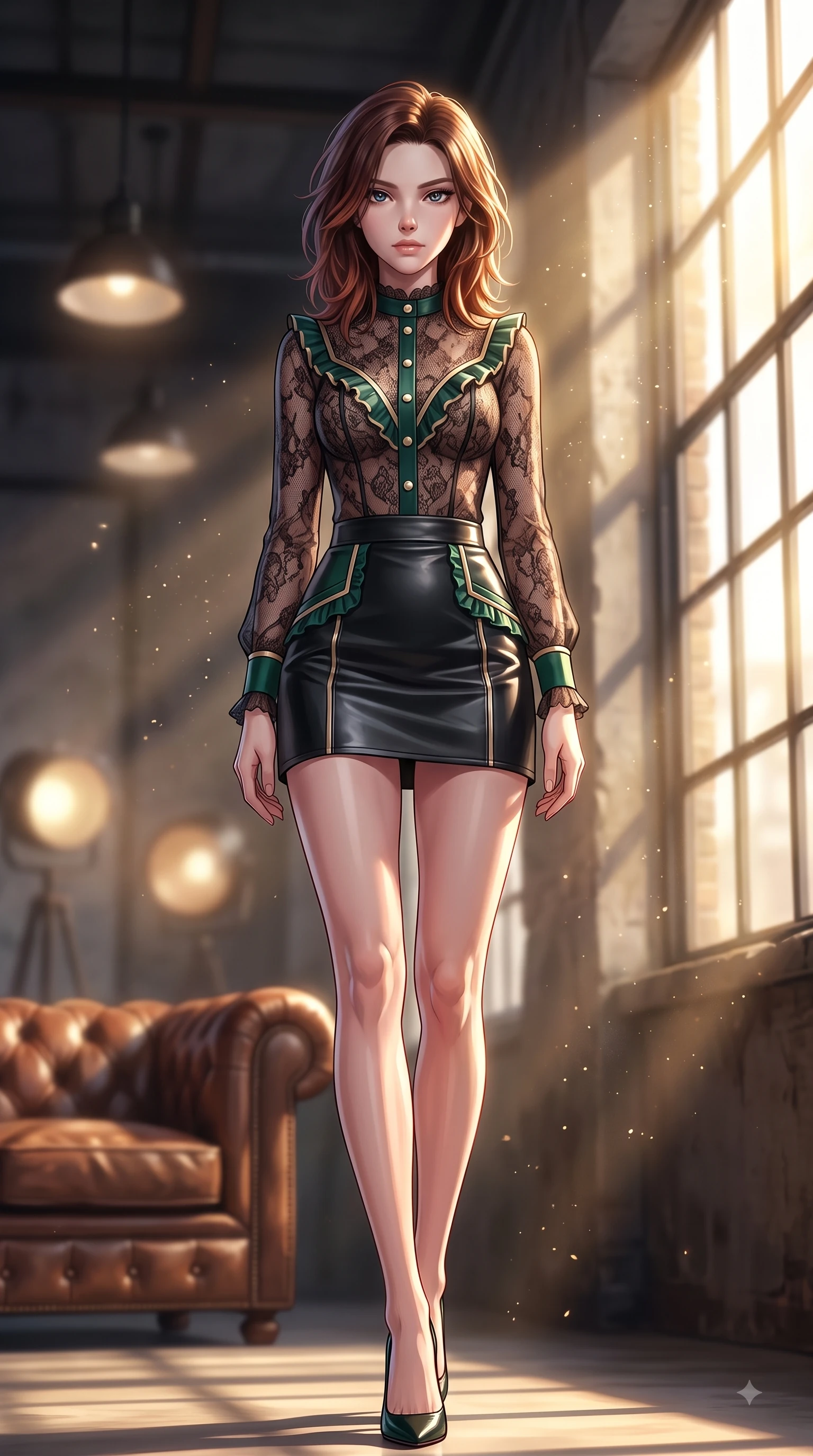 score_9, masterpiece, best quality, ultra-detailed, high-budget anime keyframe, editorial fashion photography, tasteful artistic composition, Korean woman. low angle full-body shot from head to toe showing her feet, filling the entire 9:16 vertical frame with her statuesque presence, stretching her vertical silhouette. Statuesque haughty posture with a cool, sharp glance and composed high-fashion elegance while pivoting near a high factory window as volumetric dust motes sparkle in golden sunbeams. The composition keeps background elements in soft focus with dreamy bokeh. vintage leather furnishings and soft gallery spotlights softened by shallow focus. She has an absolutely perfect, statuesque 8.5-heads proportion, an exceptionally tall and slender model-like female figure with impossibly long slender legs and an ultra-slim waist. sharp v-shaped jawline, high-bridge nose, intricate jewel-like eyes with depth, thick eyelashes, glossy lips with a natural sheen, flawlessly proportioned anatomical accuracy, natural body alignment, perfectly sculpted elegant limbs, clean dynamic posture without body distortion. wearing a sheer dark lace pattern bodysuit over a structured black leather mini skirt in deep emerald green and champagne gold, crafted from soft breathable Italian linen, accented with delicate pearl buttons and refined ruffle trims, the chic fashion cut framing her graceful clavicle and slender torso. bathed in warm volumetric sunbeams filtering through tall industrial windows. highly saturated vibrant anime colors, detailed shading with soft gradients, rich glossy textures, high-contrast stereoscopic depth, volumetric dynamic lighting, master piece, 9:16 ratio