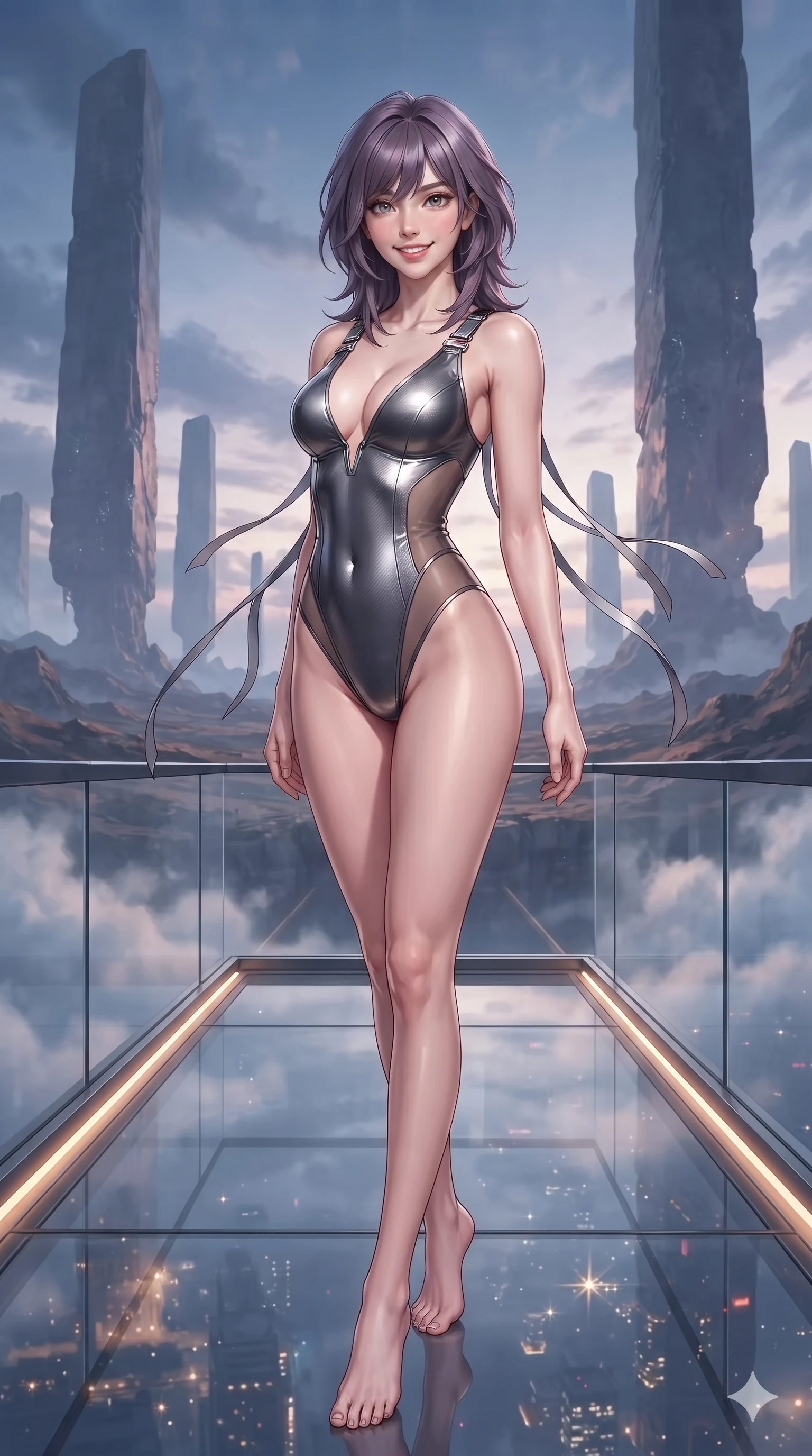 score_9, masterpiece, best quality, ultra-detailed, high-budget anime keyframe, editorial fashion photography, tasteful artistic composition, Japanese woman. low angle full-body shot from head to toe showing her feet, filling the entire 9:16 vertical frame with her statuesque presence, stretching her vertical silhouette. standing poised between colossal monoliths rising from alien ground, arching her back with sovereign ancient-future grace while standing poised at the center of the glass span, arching her lower back with sovereign supermodel grace as high-altitude winds flutter her tactical ribbons. The background shows a soft-focus high-altitude clouds softened in sci-fi diplomatic promenade shallow focus. She has an absolutely perfect, statuesque 8.5-heads proportion, an exceptionally tall and slender model-like female figure with impossibly long slender legs, an ultra-slim waist, a flat toned midriff, narrow delicate ribcage, and beautifully sculpted feminine hips creating a graceful, slim hourglass silhouette without any bulky heaviness. sharp v-shaped jawline, high-bridge nose, intricate jewel-like sparkling eyes with depth, thick eyelashes, glossy parted lips with a natural sheen, bright confident smile with an enchanting and coquettish sensual glint, exuding both youthful magnetic charm and sovereign high-tech allure, flawlessly proportioned anatomical accuracy, strict slender model proportions, natural body alignment, perfectly sculpted long slender limbs, ultra-slim waistline, clean dynamic posture without body distortion. wearing a glossy vinyl and carbon-fiber hybrid bodysuit with a plunging neckline and high-cut leg openings in metallic graphite and starlight platinum, featuring strategic sheer-illusion tulle side panels framing her ribcage and hips, finished with high-tension magnetic quick-release clasps glinting along her collarbones, the liquid-tight tailored fabric clinging flawlessly to her narrow waist and rounded feminine hips, emphasizing every millimeter of her sculpted slim hourglass curves without any bulky heaviness. bathed in the ethereal twilight skyglow combined with warm under-rail LED strip lighting and glittering city reflections from below. ultra-reflective glossy finish, specular highlights, rich textural contrasts, high-contrast stereoscopic depth, volumetric dynamic lighting, 2k, ultra detail, master piece, 9:16 ratio