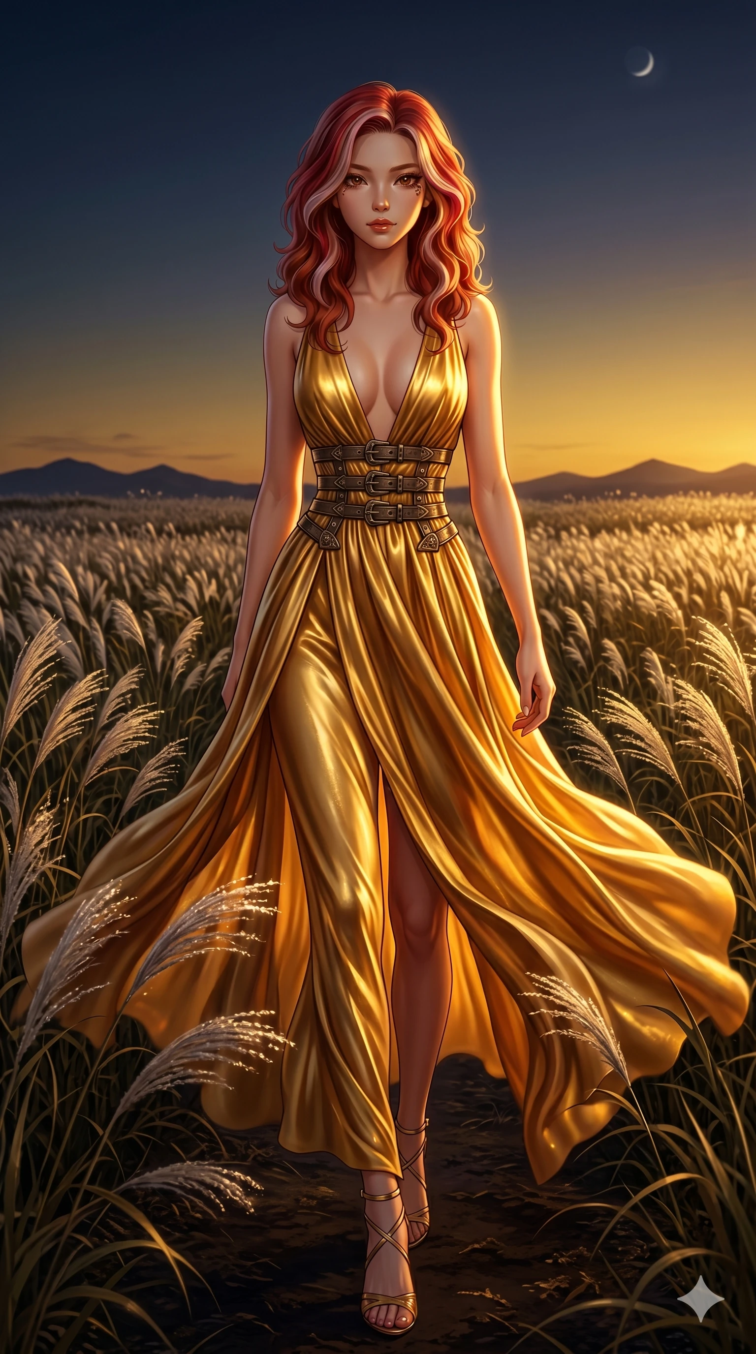 score_9, masterpiece, best quality, ultra-detailed, High-budget Anime Keyframe, East Asian woman. Dynamic full-body shot stretching the vertical silhouette to the limit. Scenario 8: Walking through a field of tall silver grass at twilight. Her presence is magnetic and overpowering in this high-budget anime scene. Outfit 8: A molten liquid silk gold with a plunging V-neckline and metallic buckles. The clothing is designed to emphasize her exceptionally tall and slender 8-heads proportion. 8-heads proportion, towering silhouette, ultra-slim waist. sharp v-shaped jawline, intricate jewel-like eyes with depth, thick eyelashes, glossy lips. 2k, ultra detail, master piece, 9:16 ratio