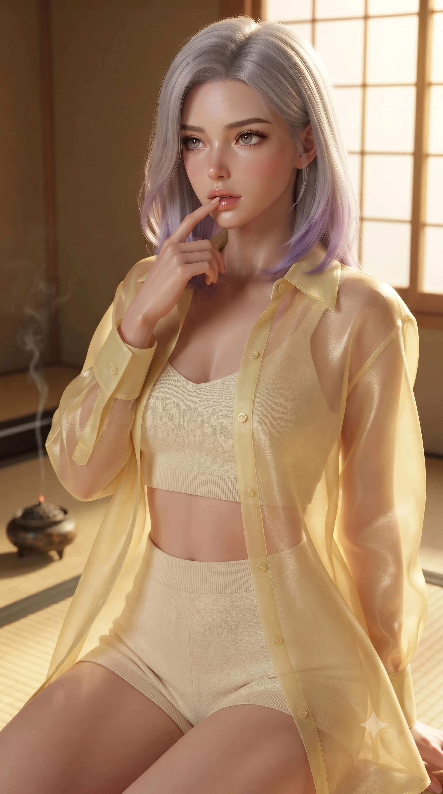 score_9, masterpiece, best quality, ultra-detailed, high-budget anime keyframe, editorial fashion photography, tasteful artistic composition, Caucasian woman. close-up cowboy shot from the waist and thighs up, the character dominates the composition, filling the frame with her large presence, background elements kept in soft focus. pressing one finger to her bottom lip in a thoughtful, seductive gesture under the warm sun the background shows a soft-focus a quiet traditional tea room with tatami mats and a burning incense burner. She has an exceptionally elegant, slender, and willowy female figure with an ultra-slim waist, a gracefully sculpted slender torso, and a refined silhouette. sharp v-shaped jawline, high-bridge nose, intricate jewel-like eyes with depth, thick eyelashes, glossy lips with a natural sheen. wearing a tailored sheer organza shirt in pale yellow worn open over a knit crop top and micro-shorts. low-contrast, soft warm ambient uplight casting a peaceful glow. ultra-reflective glossy finish, specular highlights, metallic sheen, high-contrast stereoscopic depth, volumetric dynamic lighting, 2k, ultra detail, master piece, 9:16 ratio