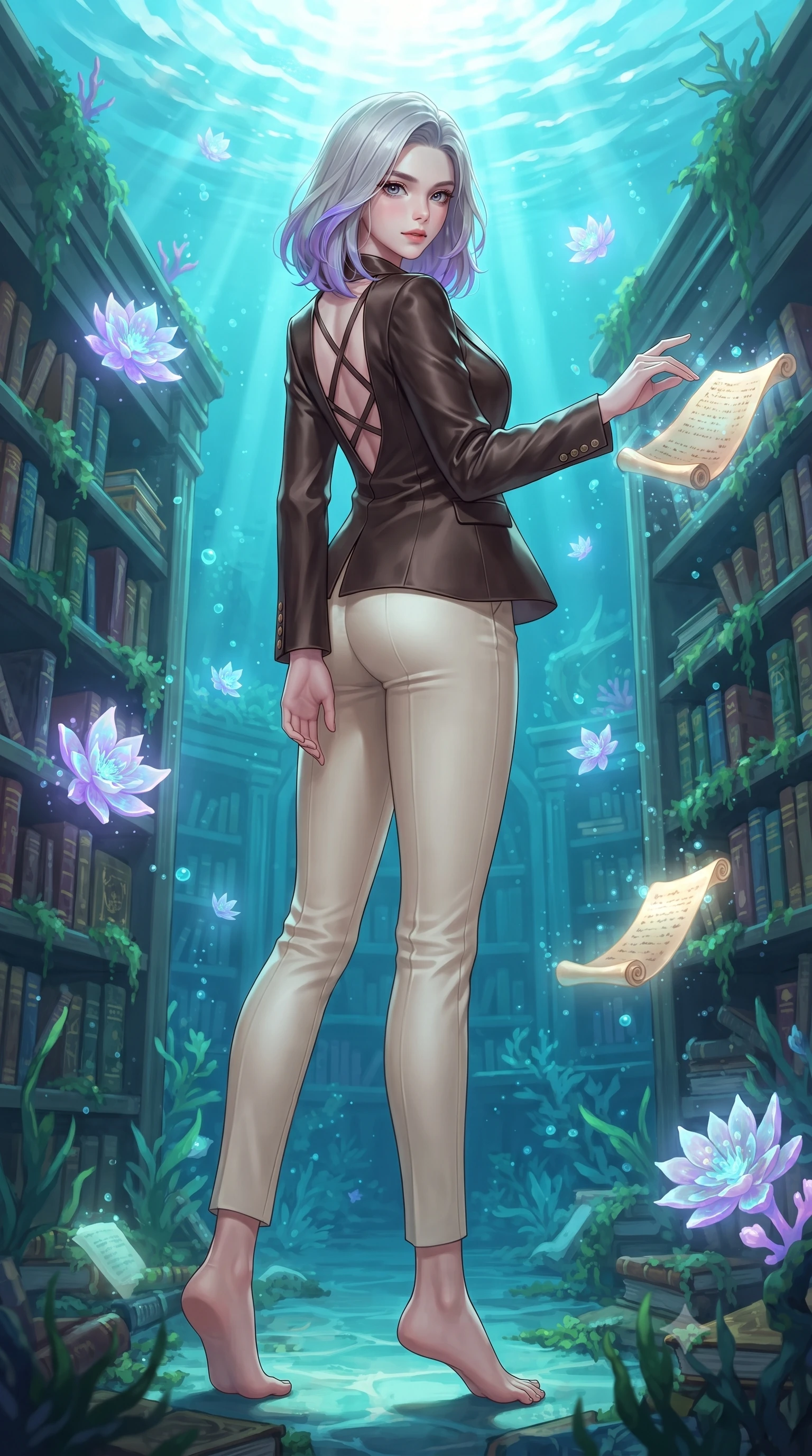 score_9, masterpiece, best quality, ultra-detailed, high-budget anime keyframe, editorial fashion photography, tasteful artistic composition, Caucasian woman. low angle full-body shot from head to toe showing her feet, filling the entire 9:16 vertical frame with her statuesque presence, stretching her vertical silhouette. interacting gracefully with the magical floating elements while maintaining a confident posture navigating a submerged ancient library surrounded by floating glowing scrolls, glowing coral blossoms emitting soft aqua and lavender light. She has an absolutely perfect, statuesque 8.5-heads proportion, an exceptionally tall and slender model-like female figure with impossibly long slender legs and an ultra-slim waist. sharp v-shaped jawline, high-bridge nose, intricate jewel-like eyes with depth, thick eyelashes, glossy lips with a natural sheen. wearing a tailored silk blazer over a form-contouring top and fitted slacks in espresso brown and warm cream, crafted from lustrous satin jersey with fluid draping, complemented by criss-cross back straps highlighting her bare shoulders, the sleek second-skin texture accentuating her magnetic presence. bathed in brilliant underwater sunbeams and soft turquoise caustic glow. highly saturated vibrant anime colors, detailed shading with soft gradients, rich glossy textures, high-contrast stereoscopic depth, volumetric dynamic lighting, master piece, 9:16 ratio