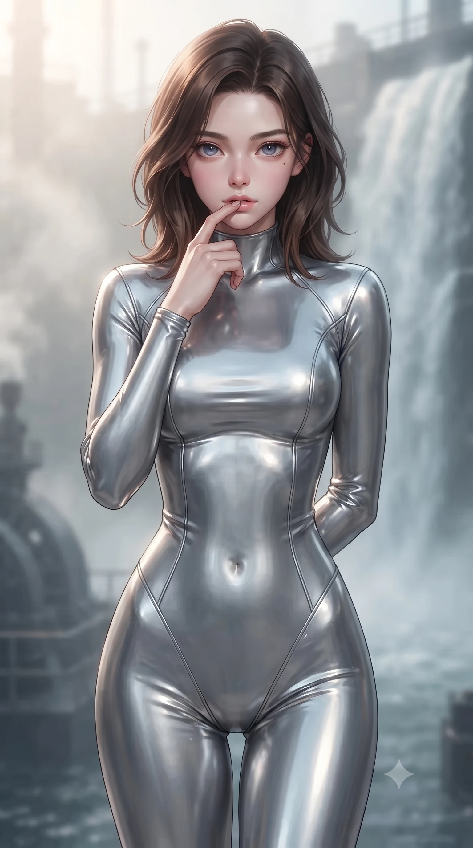 score_9, masterpiece, best quality, ultra-detailed, high-budget anime keyframe, editorial fashion photography, tasteful artistic composition, Korean woman. close-up cowboy shot from the waist and thighs up, the character dominates the composition, filling the frame with her large presence, background elements kept in soft focus. pressing one finger to her bottom lip in a thoughtful, composed gesture, locking eyes with the viewer, the background shows a soft-focus a steam turbine deck facing a misty waterfall of industrial cooling water. She has an exceptionally elegant, slender, and willowy female figure with an ultra-slim waist, a gracefully sculpted slender torso, and a refined silhouette. sharp v-shaped jawline, high-bridge nose, intricate jewel-like eyes with depth, thick eyelashes, glossy lips with a natural sheen. wearing a form-contouring form-contouring liquid silver space flight under-suit, contouring her athletic, slender build. soft morning mist diffusing the sunlight, creating a tranquil, cozy wash. ultra-reflective glossy finish, specular highlights, metallic sheen, high-contrast stereoscopic depth, volumetric dynamic lighting, 2k, ultra detail, master piece, 9:16 ratio