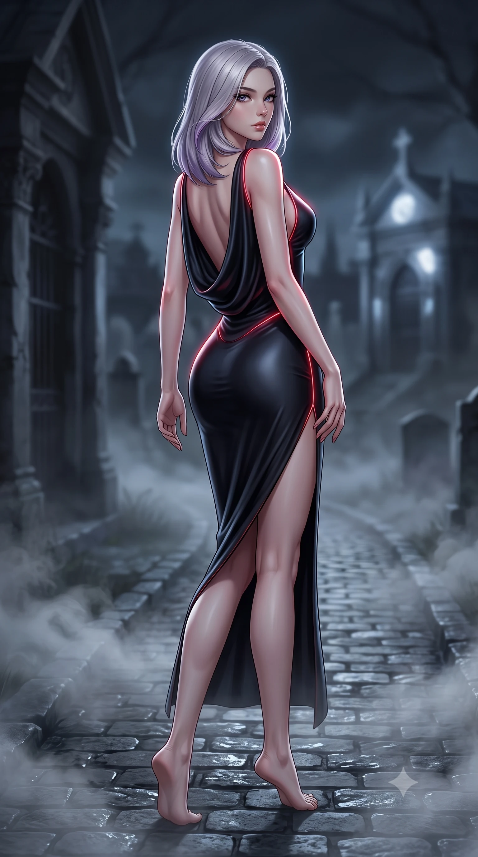 score_9, masterpiece, best quality, ultra-detailed, high-budget anime keyframe, semi-realistic 3D game render, editorial fashion photography, tasteful artistic composition, Caucasian woman. low angle full-body shot from head to toe showing her feet, filling the entire 9:16 vertical frame with her statuesque presence, stretching her vertical silhouette. arching her spine in a fluid zero-gravity turn with sovereign grace, her long slender legs and sculpted torso creating a sweeping line with provocative poise while stepping along a damp cobblestone crypt pathway as thick silver ground mist curls around her bare legs. The composition keeps background elements in soft focus with creamy bokeh. thick rolling graveyard fog and distant moonlit mausoleums blurred into creamy charcoal and slate bokeh. She has an absolutely perfect, statuesque 8.5-heads proportion, an exceptionally tall and slender model-like female figure with impossibly long slender legs, a toned flat midriff, and an ultra-slim waist. sharp v-shaped jawline, high-bridge nose, intricate jewel-like eyes with depth, thick eyelashes, glossy lips with a natural sheen, flawlessly proportioned anatomical accuracy, strict slender model proportions, natural body alignment, perfectly sculpted long slender limbs, ultra-slim waistline, clean dynamic posture without body distortion. wearing a precision-fitted liquid jersey bodycon dress in obsidian black with a dramatic draped cowl back that swoops down to her waist and a high side slit in shadowy asphalt black and subtle neon red edges, made of liquid metal jersey that clings flawlessly to every contour of her build, accented with glowing fiber-optic seams tracing her collarbones and hip curves in the gloom, the sleek second-skin cut tightly hugging her graceful clavicle, narrow waist, and feminine curves with athletic precision. surrounded by a haunting, ethereal, and irresistibly seductive nocturnal siren aura. rich saturated anime colors with deep moody shadows, detailed chiaroscuro shading with soft gradients, rich glossy textures, high-contrast stereoscopic depth, volumetric dynamic shadow lighting, master piece, 9:16 ratio