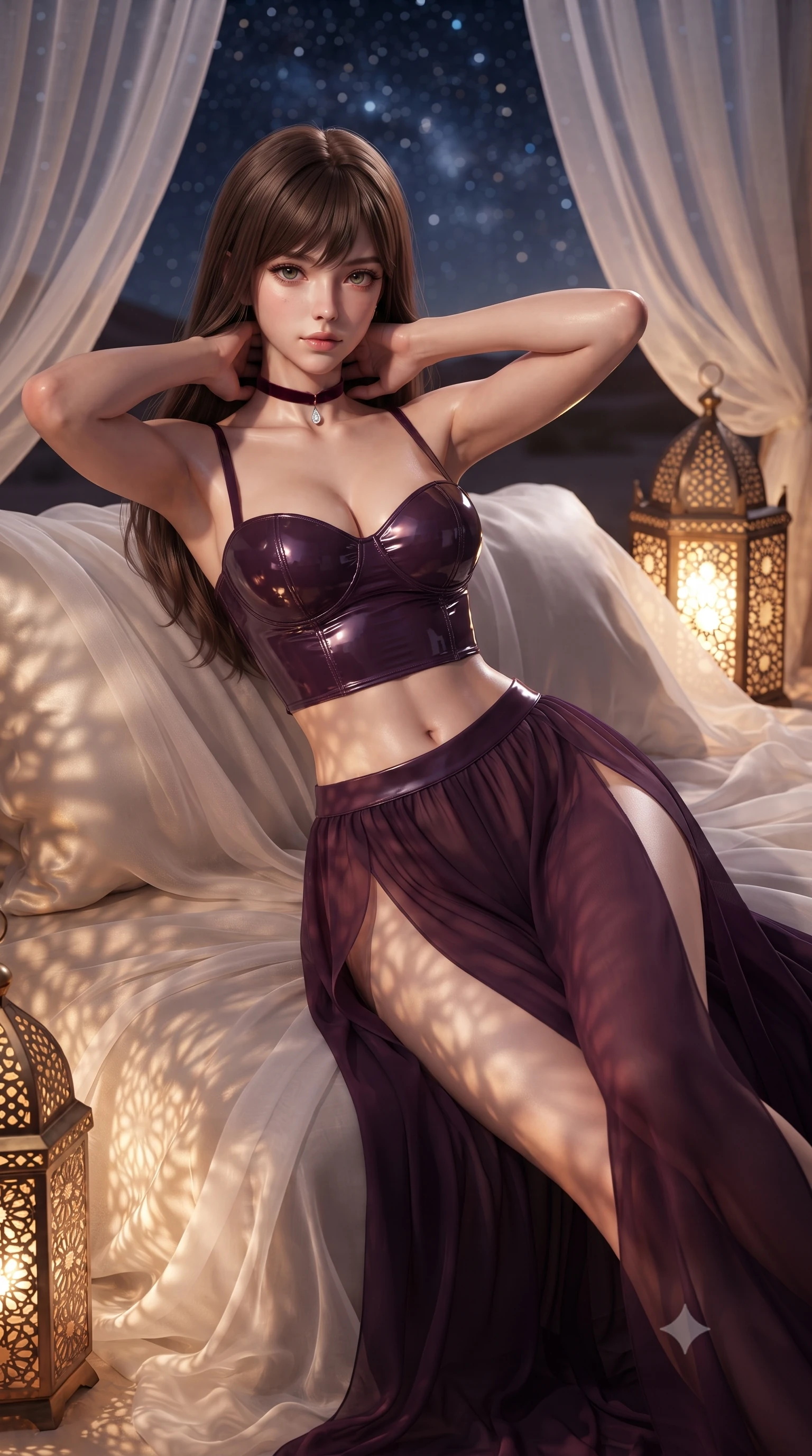 score_9, masterpiece, best quality, ultra-detailed, high-budget anime keyframe, editorial fashion photography, tasteful artistic composition, Korean woman. close-up cowboy shot from the waist and thighs up, the character dominates the composition, filling the frame with her large presence. resting both hands lightly behind her neck with elbows raised, arching her spine to highlight her narrow waist, flat midriff, and breathtaking collarbones while lounging across the oversized plush silk divan draped in flowing sheer white linen, arching her spine with effortless supermodel poise under the stars. The background shows a soft-focus flowing sheer white linen curtains billowing in desert breeze, glowing pierced brass floor lanterns, and endless desert stars blurred into ivory, amber, and midnight-blue bokeh. She has an exceptionally elegant, slender, and willowy female figure with an ultra-slim waist, flat toned midriff, narrow ribcage, and sculpted feminine hips creating an alluring, slim hourglass silhouette without bulk. sharp v-shaped jawline, high-bridge nose, sparkling eyes with hypnotic seductive depth, thick curled eyelashes, glossy parted lips with a natural dewy peach sheen, alluring bedroom-eyes with an enchanting coquettish smile, exuding magnetic siren charisma and sophisticated glamour, flawlessly proportioned anatomical accuracy, strict slender model proportions, natural body alignment, perfectly sculpted long slender limbs, ultra-slim waistline, clean dynamic posture without body distortion. wearing a wet-look form-fitting vinyl bustier paired with sheer chiffon high-slit wide-leg trousers in rich dark plum violet and gilded antique brass, crafted from wet-look high-gloss vinyl fabric with dazzling specular surface reflections, finished with a thin velvet ribbon choker and a single teardrop diamond pendant, the form-contouring silhouette accentuating her sculpted flat midriff, narrow delicate ribcage, and gracefully curvy hips with intoxicating allure. bathed in warm 2200K amber glow filtering through perforated brass lanterns creating intricate geometric shadow patterns. ultra-reflective glossy finish, specular highlights, rich textural contrasts, high-contrast stereoscopic depth, volumetric dynamic lighting, 2k, ultra detail, master piece, 9:16 ratio