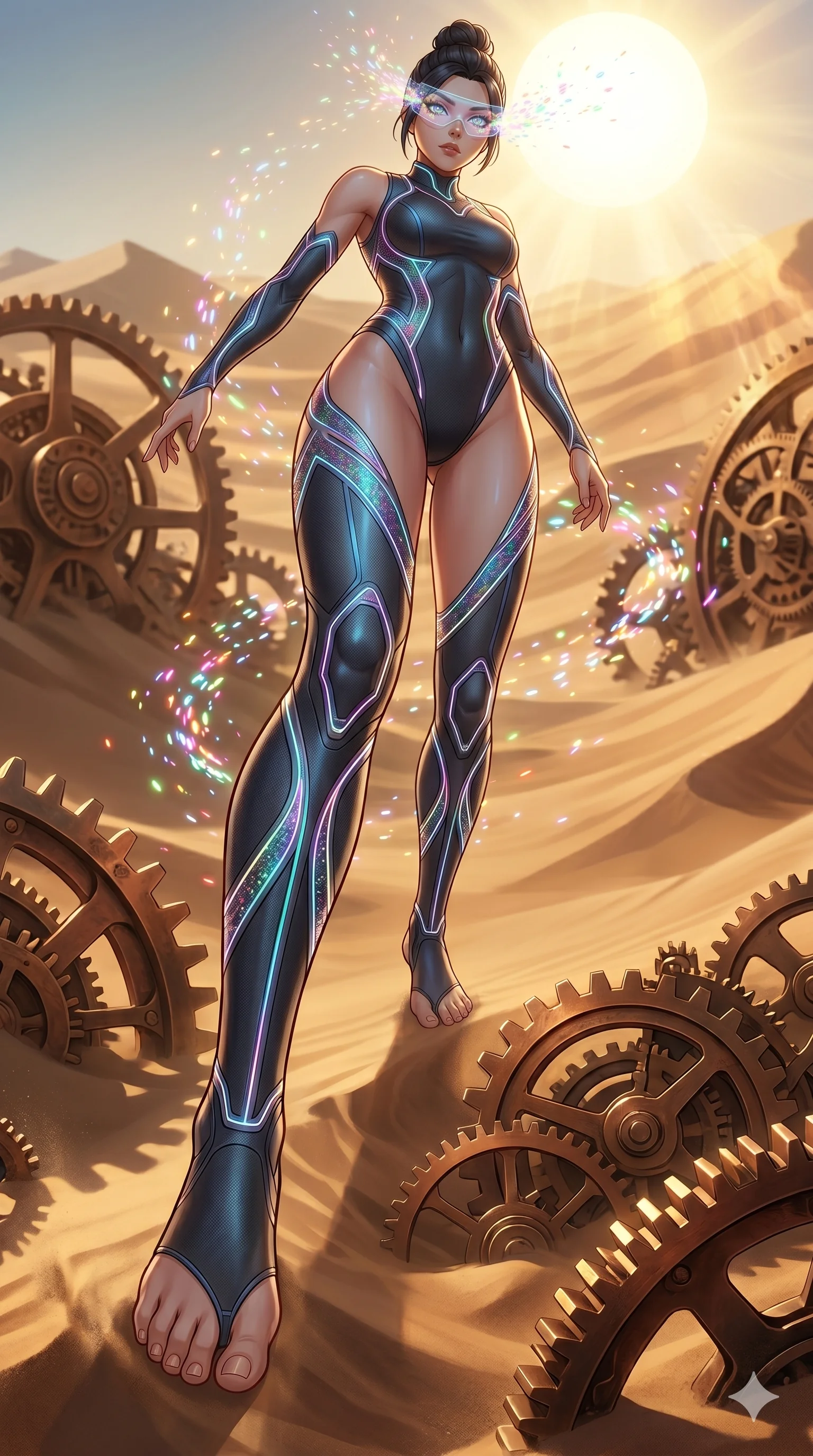 score_9, masterpiece, best quality, ultra-detailed, Set A: High-budget Anime Keyframe, Japanese woman. Low angle cowboy shot filling the entire 9:16 frame with her statuesque presence. Leaping through a clockwork desert, while her eyes glow with 240 different colors and surrounded by glowing energy sparks. She has an absolutely perfect 8-heads proportion, an exceptionally tall and slender female figure with impossibly long slender legs and an ultra-slim waist. Sharp v-shaped jawline, high-bridge nose, intricate jewel-like eyes with depth, thick eyelashes, glossy lips with a natural sheen. Wearing High-cut athletic leotard with glowing trim and a translucent visor accessory. Cinematic lighting, vibrant colors, dramatic shadows, 2k, ultra detail, master piece, 9:16 ratio