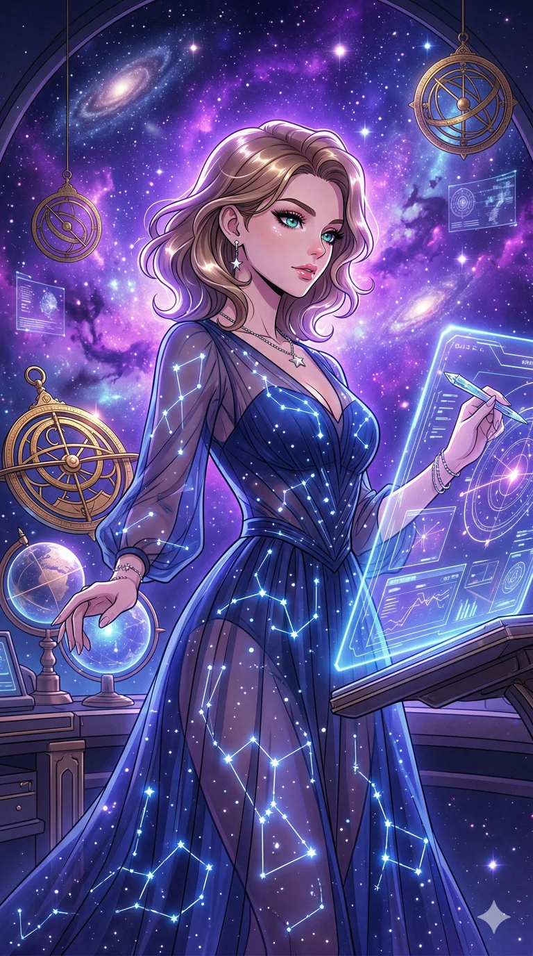 score_9, masterpiece, best quality, ultra-detailed, high-budget anime keyframe, an incredibly beautiful Caucasian woman (strictly human ears). Medium shot of upper body focusing on her alluring features and slim-fit silhouette, filling the vertical 9:16 frame. She is a celestial navigator charting the stars. She possesses a statuesque height and a towering silhouette, highlighting her long slender legs and perfect 8-heads proportion. Her face is a flawless masterpiece with a sharp v-shaped jawline, high-bridge nose, expressive jewel-like eyes, thick eyelashes, and perfectly glossy lips. She is wearing a sheer fabric gown adorned with glowing constellations. A breathtaking view of a vibrant purple nebula and floating astrolabes., 2k, ultra detail, master piece, 9:16 ratio