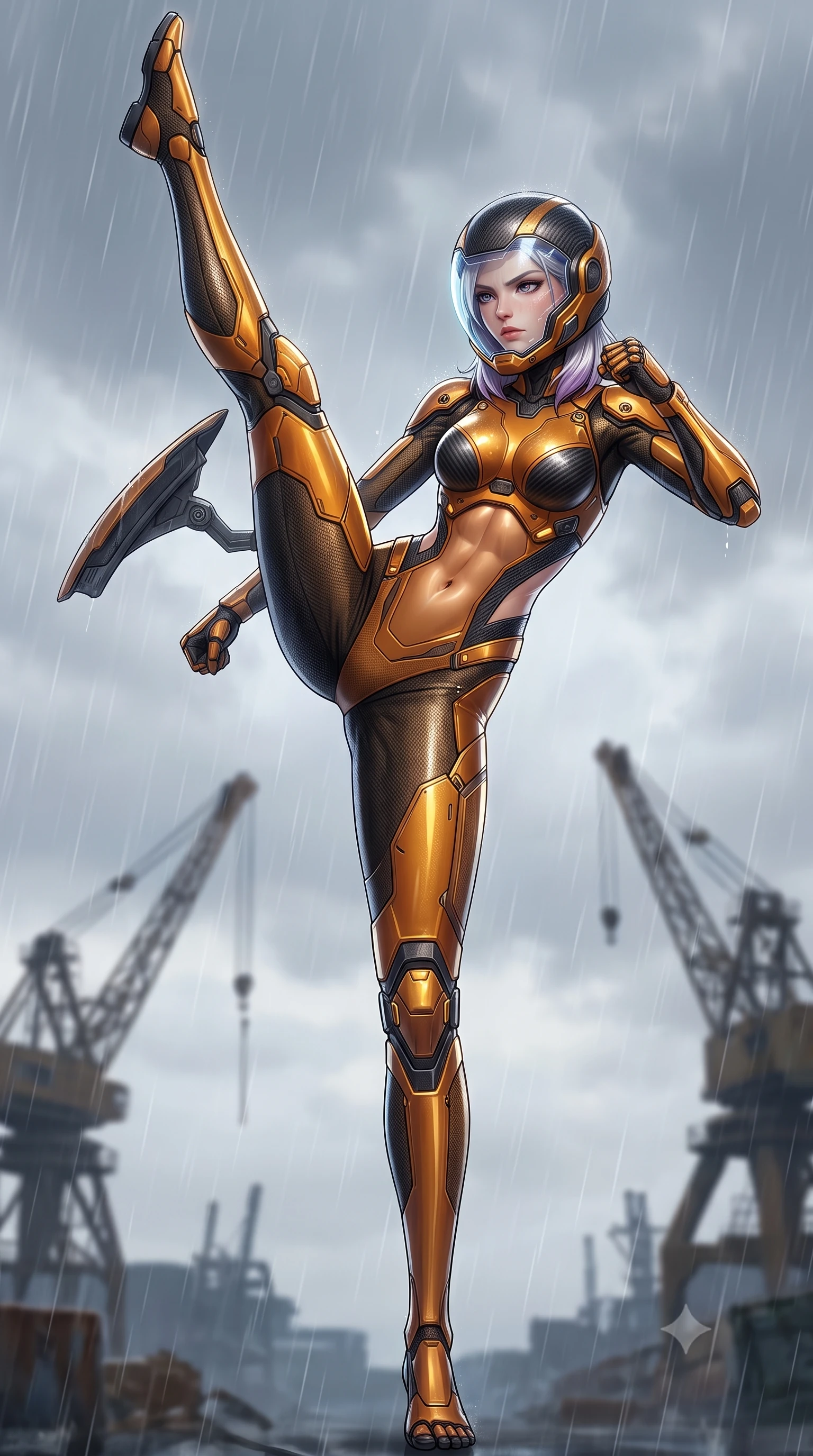 score_9, masterpiece, best quality, ultra-detailed, high-budget anime keyframe, semi-realistic 3D game render, editorial fashion photography, tasteful artistic composition, Caucasian woman. low angle full-body shot from head to toe showing her feet, filling the entire 9:16 vertical frame with her statuesque presence, stretching her vertical silhouette. executing a breathtaking zero-gravity high-kick with full 180-degree vertical extension, her impossibly long slender legs dominating the frame with razor-sharp poise while arching her spine in a fluid stretch as rain washes the dust from her bare neck and determined face. The composition keeps background elements in soft focus with creamy bokeh. distant ruined industrial cranes and overcast rainy skies softened in cinematic shallow depth of field. She has an absolutely perfect, statuesque 8.5-heads proportion, an exceptionally tall and slender model-like female figure with impossibly long slender legs, a toned flat midriff, and an ultra-slim waist. sharp v-shaped jawline, high-bridge nose, intricate jewel-like eyes with depth, thick eyelashes, glossy lips with a natural sheen, fierce and resolute heroine expression, flawlessly proportioned anatomical accuracy, strict slender model proportions, natural body alignment, perfectly sculpted long slender limbs, ultra-slim waistline, clean dynamic posture without body distortion. wearing an open-face aerodynamic carbon-fiber combat helmet with a retracted transparent holographic HUD visor framing her sharp jawline and jewel-like eyes, paired with a form-contouring high-mobility battle-suit featuring sculpted carbon chest plating, diagonal midriff ventilation cutouts, and kinetic knee vambraces in molten amber-gold carbon cuirass with dark gunmetal weave, made of liquid carbon-jersey fabric accentuating every curve of her tall, slender model proportions, finished with high-mobility flexible armor articulation seams and miniature magnetic locks, the glove-like aerodynamic second-skin fit tightly clinging to her ultra-slender waist and athletic curves without adding bulk, accentuating her razor-sharp statuesque lines and slim hourglass silhouette. illuminated by crisp specular highlights sharply tracing her sculpted flat midriff, waist, and long slender legs. rich saturated anime colors with glowing neon highlights, detailed shading with soft gradients, rich glossy textures, high-contrast stereoscopic depth, volumetric dynamic lighting, master piece, 9:16 ratio