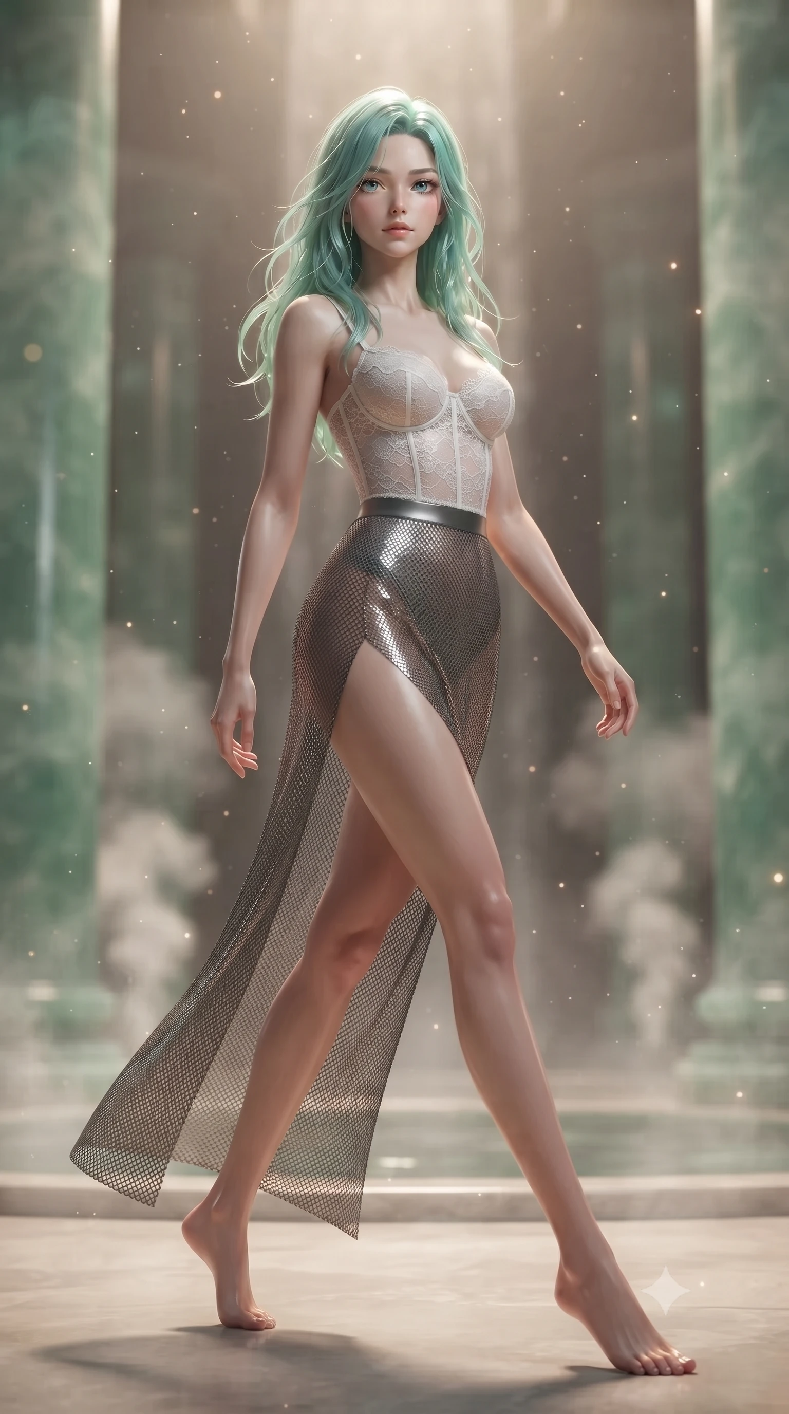 score_9, masterpiece, best quality, ultra-detailed, high-budget anime keyframe, editorial fashion photography, tasteful artistic composition, Japanese woman. low angle full-body shot from head to toe showing her feet, filling the entire 9:16 vertical frame with her statuesque presence, stretching her vertical silhouette. stepping gracefully through floating stardust particles, her body-contouring suit showing her athletic, slender silhouette, the background shows a soft-focus a waterfall sanctuary chamber with translucent jade pillars and steam vents. She has an absolutely perfect, statuesque 8.5-heads proportion, an exceptionally tall and slender model-like female figure with impossibly long slender legs and an ultra-slim waist. sharp v-shaped jawline, high-bridge nose, intricate jewel-like eyes with depth, thick eyelashes, glossy lips with a natural sheen. wearing a slim-fit delicate white lace bustier top paired with a sheer carbon-mesh maxi skirt featuring a high side slit. low-contrast, soft warm ambient uplight casting a peaceful, gold glow. ultra-reflective glossy finish, specular highlights, metallic sheen, high-contrast stereoscopic depth, volumetric dynamic lighting, 2k, ultra detail, master piece, 9:16 ratio