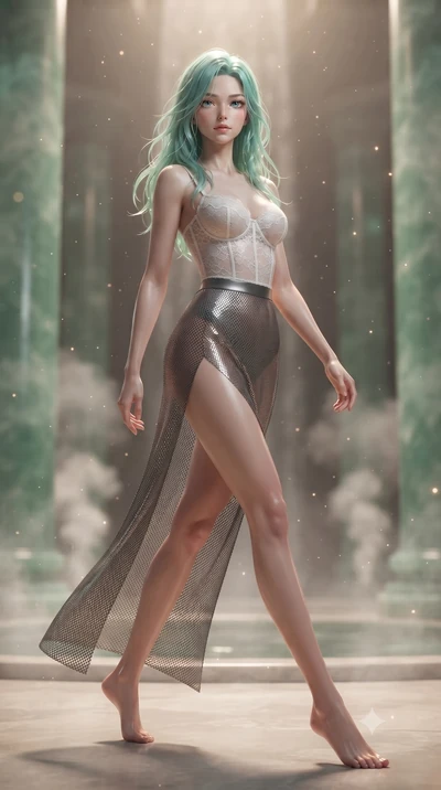 score_9, masterpiece, best quality, ultra-detailed, high-budget anime keyframe, editorial fashion photography, tasteful artistic composition, Japanese woman. low angle full-body shot from head to toe showing her feet, filling the entire 9:16 vertical