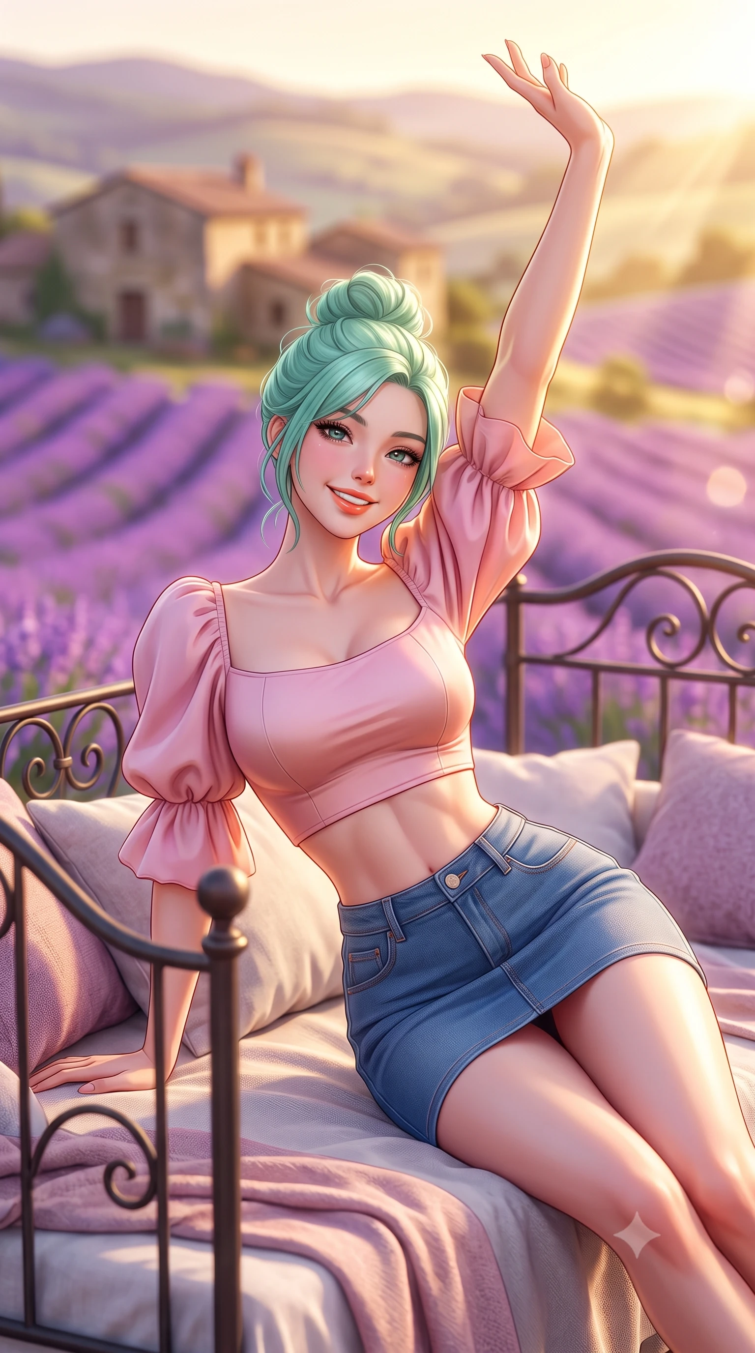 score_9, masterpiece, best quality, ultra-detailed, high-budget anime keyframe, semi-realistic 3D game render, editorial fashion photography, tasteful artistic composition, Japanese woman. close-up cowboy shot from the waist and thighs up, the character dominates the composition, filling the frame with her large presence. playfully stretching one arm overhead toward the sun, her radiant smile capturing fresh girlhood charm while her arched torso reveals an intoxicating hip contour while reclining on a vintage iron daybed propped on one elbow, her flat midriff and willowy curves bathed in golden French countryside light. The composition keeps background elements in soft focus with dreamy creamy bokeh. undulating purple lavender rows and ancient stone farmhouses blurred into radiant violet, lilac, and golden honey bokeh. She has an exceptionally elegant, slender, and willowy female figure with an ultra-slim waist, flat toned midriff, narrow ribcage, and sculpted feminine hips creating an alluring, slim hourglass silhouette without bulk. sharp v-shaped jawline, high-bridge nose, intricate jewel-like sparkling eyes with depth, thick eyelashes, glossy parted lips with a natural peach sheen, bright cheerful beaming smile with an enchanting and coquettish sensual glint, exuding both youthful cute charm and seductive allure, flawlessly proportioned anatomical accuracy, strict slender model proportions, natural body alignment, perfectly sculpted long slender limbs, ultra-slim waistline, clean dynamic posture without body distortion. wearing an off-shoulder puff-sleeve crop blouse with a tight high-waisted denim A-line mini skirt emphasizing her curvy hips in cherry blossom pink and soft rose gold, crafted from liquid-tight stretch jersey emphasizing every curve, featuring elegant flutter sleeves and a graceful square neckline, the liquid-tight tailored fabric clinging flawlessly to her narrow waist and rounded feminine hips, emphasizing every millimeter of her sculpted slim hourglass curves without any bulky heaviness. bathed in brilliant golden hour southern French sunlight streaming across the purple hillside. highly saturated vibrant anime colors, detailed shading with soft gradients, rich glossy textures, high-contrast stereoscopic depth, volumetric dynamic lighting, master piece, 9:16 ratio