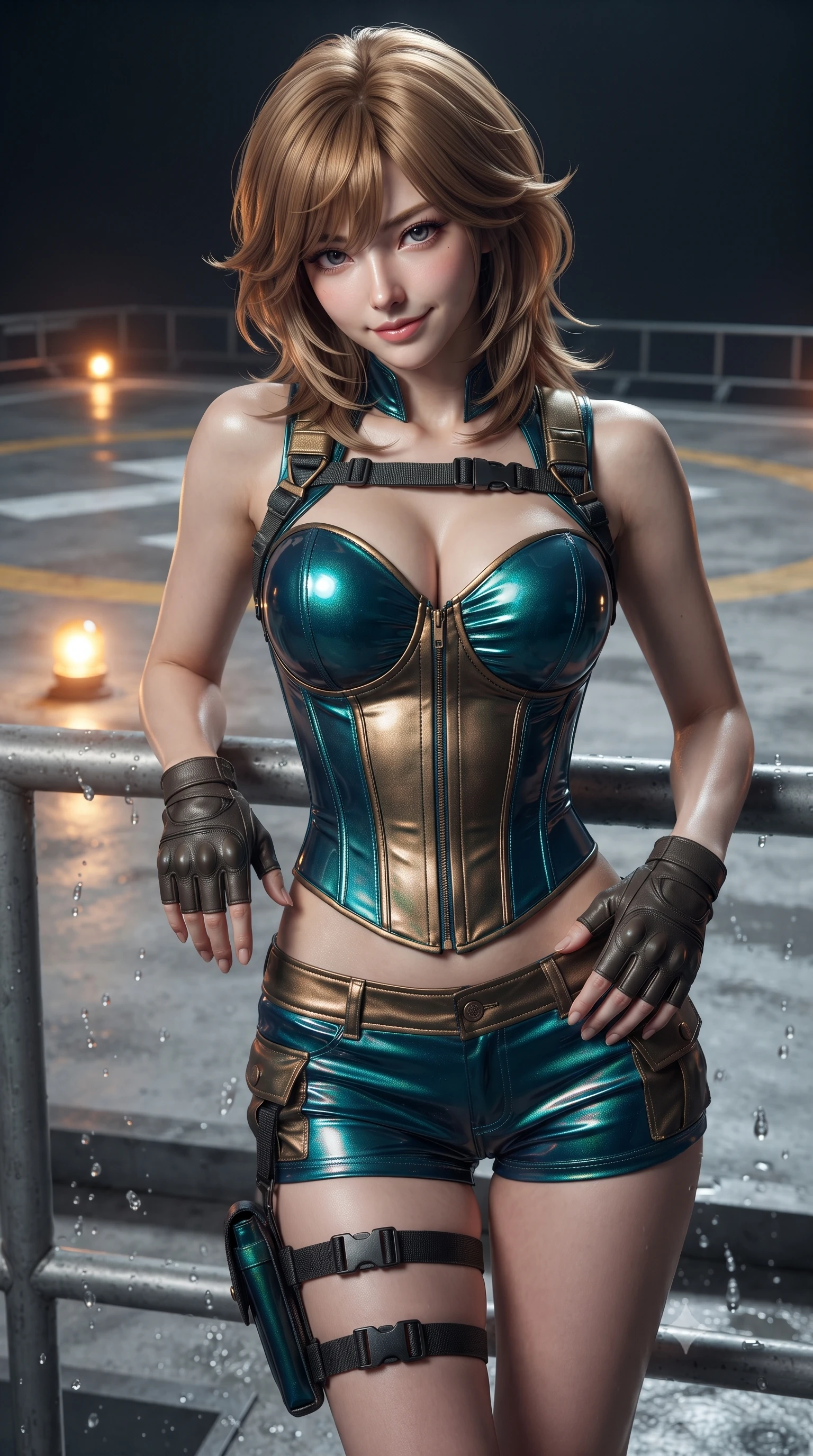 score_9, masterpiece, best quality, ultra-detailed, high-budget anime keyframe, editorial fashion photography, tasteful artistic composition, Korean woman. close-up cowboy shot from the waist and thighs up, the character dominates the composition, filling the frame with her large presence. tilting her head with a teasing half-smile, running one hand slowly down the side of her hip in a flirtatious S-curve as ambient light caresses her silhouette while leaning against the perimeter security rail with relaxed seductive grace, looking into the lens with an intoxicating bedroom-gaze. The surrounding environment is rendered in vivid detail and crisp panoramic clarity: sharp water droplet splashes, concrete helipad paint texture, and glowing landing beacon lenses in deep focus. She has an exceptionally elegant, slender, and willowy female figure with an ultra-slim waist, flat toned midriff, narrow ribcage, and sculpted feminine hips creating an alluring, slim hourglass silhouette without bulk. sharp v-shaped jawline, high-bridge nose, sparkling eyes with hypnotic seductive depth, thick curled eyelashes, glossy parted lips with a natural dewy peach sheen, alluring bedroom-eyes with an enchanting coquettish smile, exuding magnetic siren charisma and sophisticated glamour, flawlessly proportioned anatomical accuracy, strict slender model proportions, natural body alignment, perfectly sculpted long slender limbs, ultra-slim waistline, clean dynamic posture without body distortion. wearing a structured boned tactical leatherette corset bodice paired with low-rise cargo hot-pants and thigh holster straps in iridescent peacock teal and burnished antique brass, crafted from wet-look high-gloss vinyl fabric with dazzling specular surface reflections, finished with fingerless matte leather tactical driving gloves with reinforced knuckles, the second-skin tailored fabric adhering flawlessly to her sculpted flat midriff and slender torso, emphasizing her long leg lines and perfectly proportioned willowy build. bathed in rhythmic amber helipad beacon flashes paired with cool lightning ambient strobes. ultra-reflective glossy finish, specular highlights, rich textural contrasts, high-contrast stereoscopic depth, volumetric dynamic lighting, 2k, ultra detail, master piece, 9:16 ratio