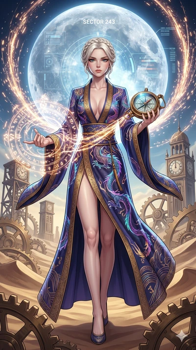 score_9, masterpiece, best quality, ultra-detailed, Set A: High-budget Anime Keyframe, Japanese woman. Low angle cowboy shot filling the entire 9:16 frame with her statuesque presence. Casting a spell through a clockwork desert, with a massive hologr