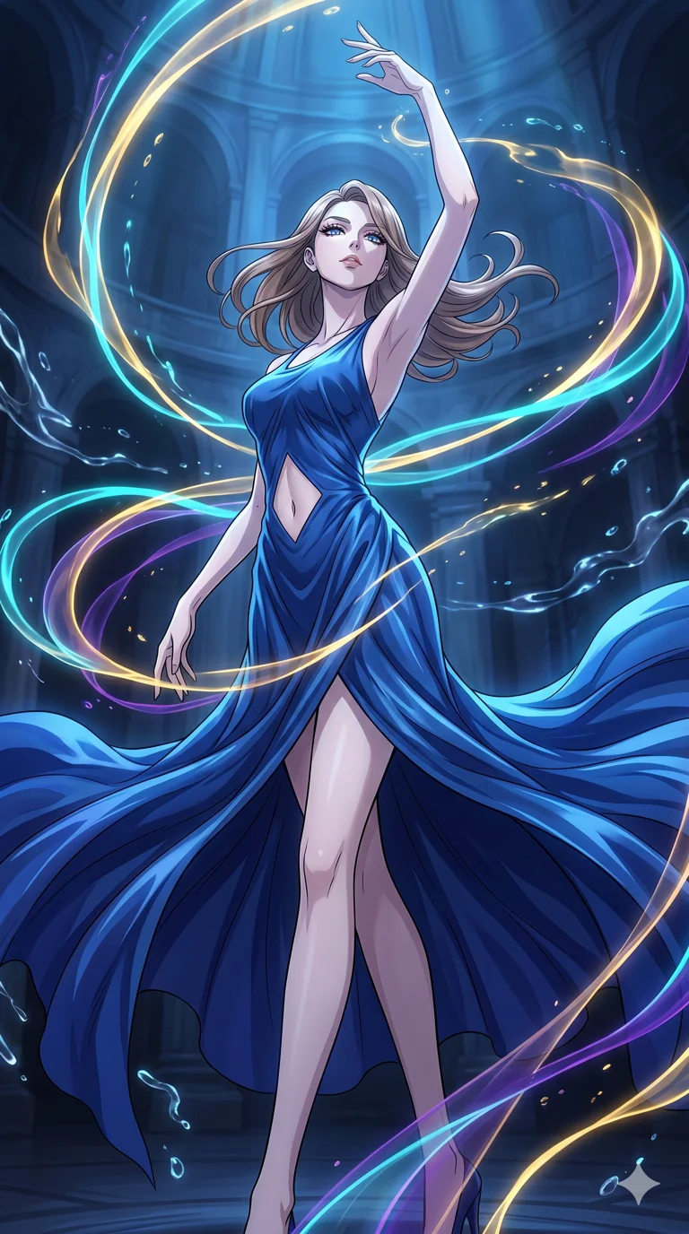 score_9, masterpiece, best quality, ultra-detailed, High-budget Anime Keyframe, vibrant colors, fluid line-art, expressive lighting, cinematic composition, Ufotable-style visual effects, top-tier animation quality, Caucasian woman with pale skin and refined features. Low angle cowboy shot filling the entire 9:16 frame with her statuesque presence, looking up to emphasize her height. Dancing amidst a storm of glowing ribbons that trail behind her every movement. She has an absolutely perfect 8-heads proportion, an exceptionally tall and slender female figure with impossibly long slender legs and an ultra-slim waist, her statuesque height and towering silhouette dominating the vertical 9:16 frame. Her face is a masterpiece featuring a sharp v-shaped jawline, high-bridge nose, intricate jewel-like eyes with depth, thick eyelashes, and glossy lips with a natural sheen. She is wearing a Flowing silk gown that ripples like liquid, featuring a small diamond-shaped cutout at the navel. The scene is set in a chamber of echoes where every sound creates beautiful liquid patterns in the air. 2k, ultra detail, master piece, 9:16 ratio