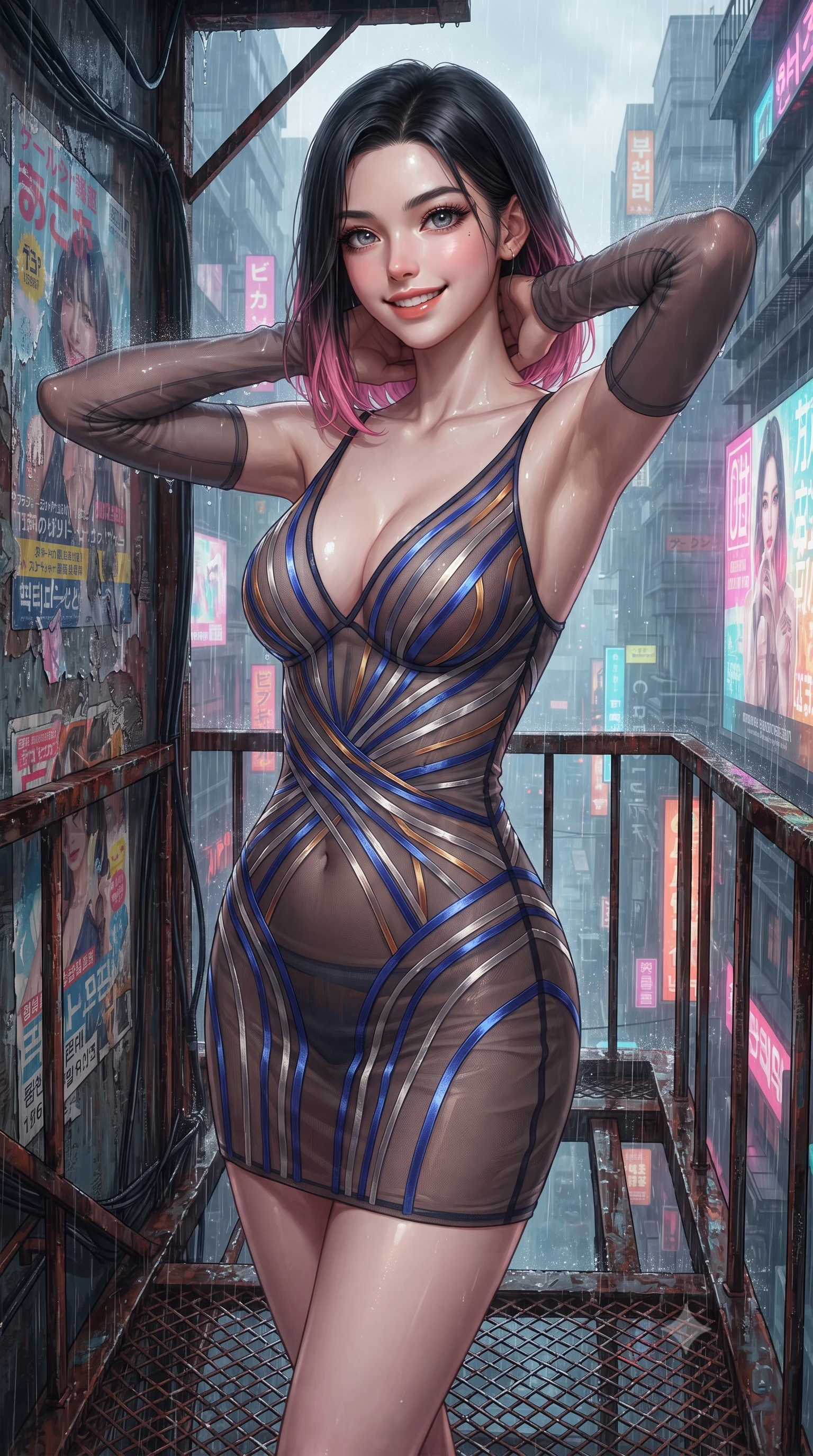 score_9, masterpiece, best quality, ultra-detailed, high-budget anime keyframe, editorial fashion photography, tasteful artistic composition, Korean woman. close-up cowboy shot from the waist and thighs up, the character dominates the composition, filling the frame with her large presence. resting both hands lightly behind her neck with elbows raised, arching her spine to highlight her narrow waist, flat midriff, and breathtaking collarbones while standing poised on the rain-slicked fire escape gantry suspended over the 50-story neon canyon of Neo-Shinjuku, arching her lower back with mysterious siren grace as acid rain sizzles on neon signs. The surrounding environment is rendered in vivid detail and crisp panoramic clarity: sharp wet iron grating textures, weathered peeling holographic poster layers, and razor-sharp cable bundle ties in deep focus. She has an exceptionally elegant, slender, and willowy female figure with an ultra-slim waist, flat toned midriff, narrow ribcage, and sculpted feminine hips creating an alluring, slim hourglass silhouette without bulk. sharp v-shaped jawline, high-bridge nose, intricate jewel-like sparkling eyes with depth, thick eyelashes, glossy parted lips with a natural peach sheen, bright cheerful beaming smile with an enchanting and coquettish sensual glint, exuding both youthful cute charm and seductive allure, flawlessly proportioned anatomical accuracy, strict slender model proportions, natural body alignment, perfectly sculpted long slender limbs, ultra-slim waistline, clean dynamic posture without body distortion. wearing a plunge-front sheer illusion tulle combat slip dress with liquid platinum ribbon stripes hugging her curves in Jovian storm amber and electric cobalt, woven from fine semi-opaque stretch illusion mesh tracing her slender contours, complemented by sheer opera-length evening gloves tracing her slender arms, the form-contouring silhouette accentuating her sculpted flat midriff, narrow delicate ribcage, and gracefully curvy hips with intoxicating allure. bathed in multi-colored ambient neon reflections from towering holographic advertisements mixed with cool rain reflections. ultra-reflective glossy finish, specular highlights, rich textural contrasts, high-contrast stereoscopic depth, volumetric dynamic lighting, 2k, ultra detail, master piece, 9:16 ratio