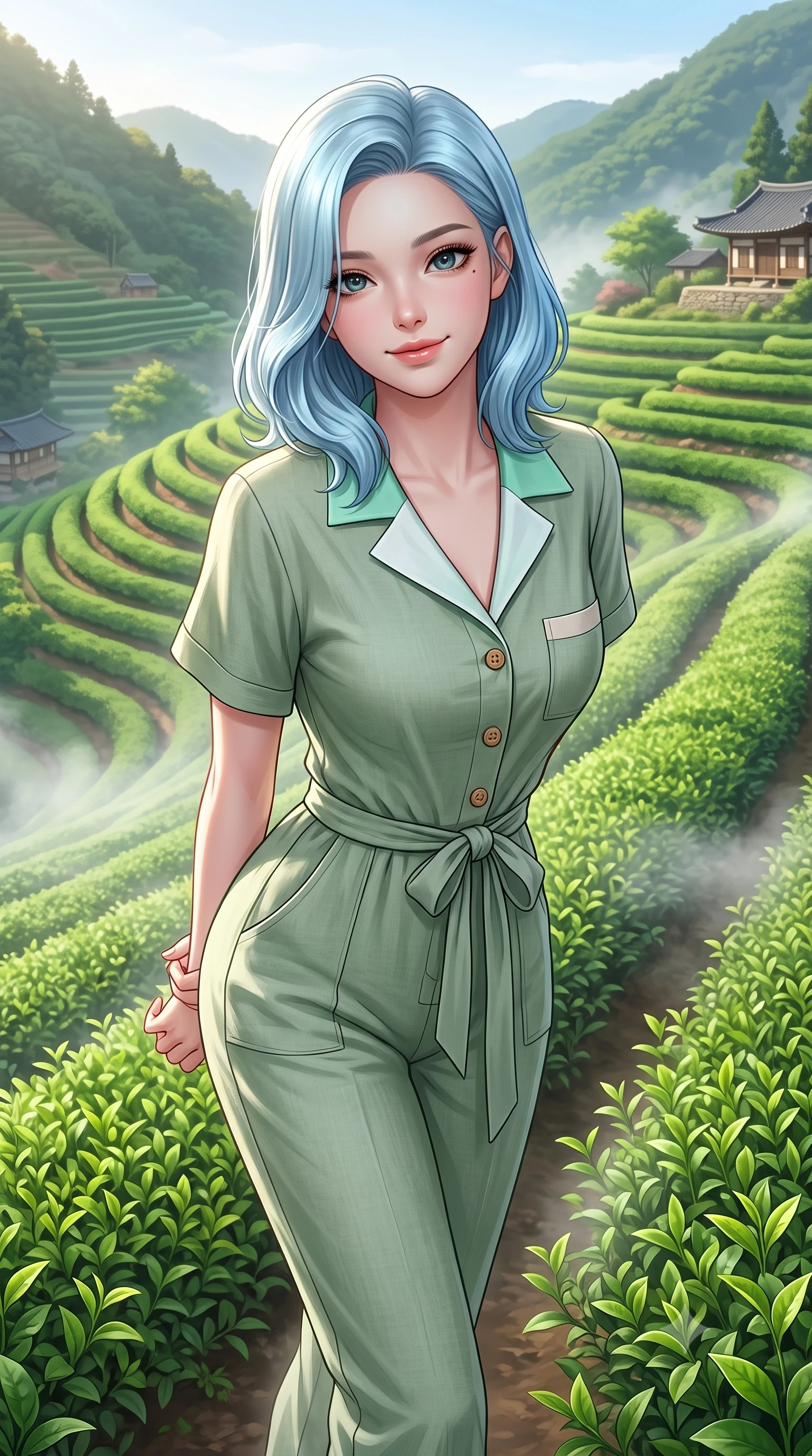 score_9, masterpiece, best quality, ultra-detailed, high-budget anime keyframe, semi-realistic 3D game render, editorial fashion photography, tasteful artistic composition, Korean woman. close-up cowboy shot from the waist and thighs up, the character dominates the composition, filling the frame with her large presence. clasping her hands behind her back and leaning forward playfully with a sweet, innocent girlhood expression while walking gracefully along terraced emerald green tea rows as gentle morning mist swirls around her steps. The surrounding environment is rendered in vivid detail and crisp panoramic clarity. crisp morning chiaroscuro and tranquil hillside plantation geometry captured with environmental elegance. She has an exceptionally elegant, slender, and willowy female figure with an ultra-slim waist, a gracefully sculpted slender torso, toned flat midriff, and a refined slim silhouette. sharp v-shaped jawline, high-bridge nose, intricate jewel-like eyes with depth, thick eyelashes, glossy lips with a natural sheen, pure and lovely fresh girlhood expression, flawlessly proportioned anatomical accuracy, strict slender model proportions, natural body alignment, perfectly sculpted long slender limbs, ultra-slim waistline, clean dynamic posture without body distortion. wearing a relaxed sage green linen jumpsuit with a tied waist sash and folded collar in refreshing mint green and crisp sea-salt white, made of fine lightweight chiffon with a soft fluid drape, finished with neat natural wooden buttons and patch pocket details, the relaxed yet flattering fit accentuating her naturally graceful and slender figure, highlighting her youthful charm and lovely silhouette. surrounded by a peaceful, pristine, and deeply refreshing morning goddess aura. highly saturated vibrant anime colors, detailed shading with soft gradients, rich glossy textures, high-contrast stereoscopic depth, volumetric dynamic lighting, master piece, 9:16 ratio