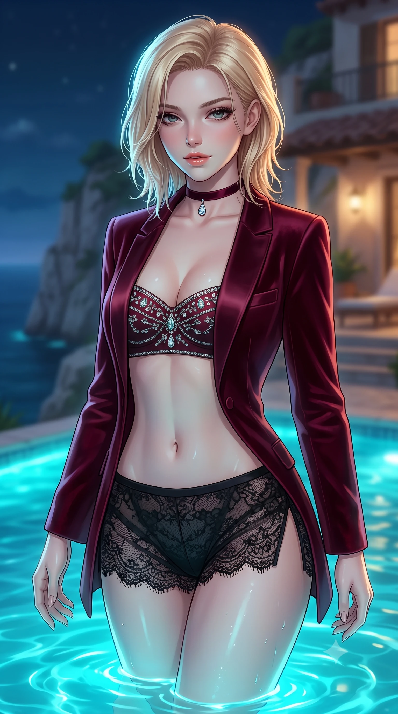 score_9, masterpiece, best quality, ultra-detailed, high-budget anime keyframe, semi-realistic 3D game render, editorial fashion photography, tasteful artistic composition, Caucasian woman. close-up cowboy shot from the waist and thighs up, the character dominates the composition, filling the frame with her large presence. turning slowly with an enchanting smoldering smile, her dewy hair brushing bare shoulders as her hips angle gracefully in a captivating contrapposto while stepping gracefully into the heated cliffside plunge pool with water lapping at her thighs, arching her spine with breathtaking siren elegance. The background shows a soft-focus limestone cliff edges and cliffside villa terraces softened in magical coastal midnight shallow focus. She has an exceptionally elegant, slender, and willowy female figure with an ultra-slim waist, flat toned midriff, narrow ribcage, and sculpted feminine hips creating an alluring, slim hourglass silhouette without bulk. sharp v-shaped jawline, high-bridge nose, sparkling eyes with hypnotic seductive depth, thick curled eyelashes, glossy parted lips with a natural dewy peach sheen, alluring bedroom-eyes with an enchanting coquettish smile, exuding magnetic siren charisma and sophisticated high-fashion glamour, flawlessly proportioned anatomical accuracy, strict slender model proportions, natural body alignment, perfectly sculpted long slender limbs, ultra-slim waistline, clean dynamic posture without body distortion. wearing a tailored open-front satin smoking jacket worn over a jewel-embellished bandeau and micro-shorts in deep bordeaux velvet and delicate black chantilly, made of delicate semi-sheer French Chantilly lace with intricate eyelash edges, finished with a thin velvet ribbon choker and a single teardrop diamond pendant, the high-slit wrap tailoring accentuating her ultra-slim waistline and the enchanting curve of her feminine hips with alluring seductive charm. bathed in eerie glowing cyan bioluminescence from the water mixed with warm villa patio lighting. highly saturated vibrant anime colors, detailed shading with soft gradients, rich glossy textures, high-contrast stereoscopic depth, volumetric dynamic lighting, master piece, 9:16 ratio