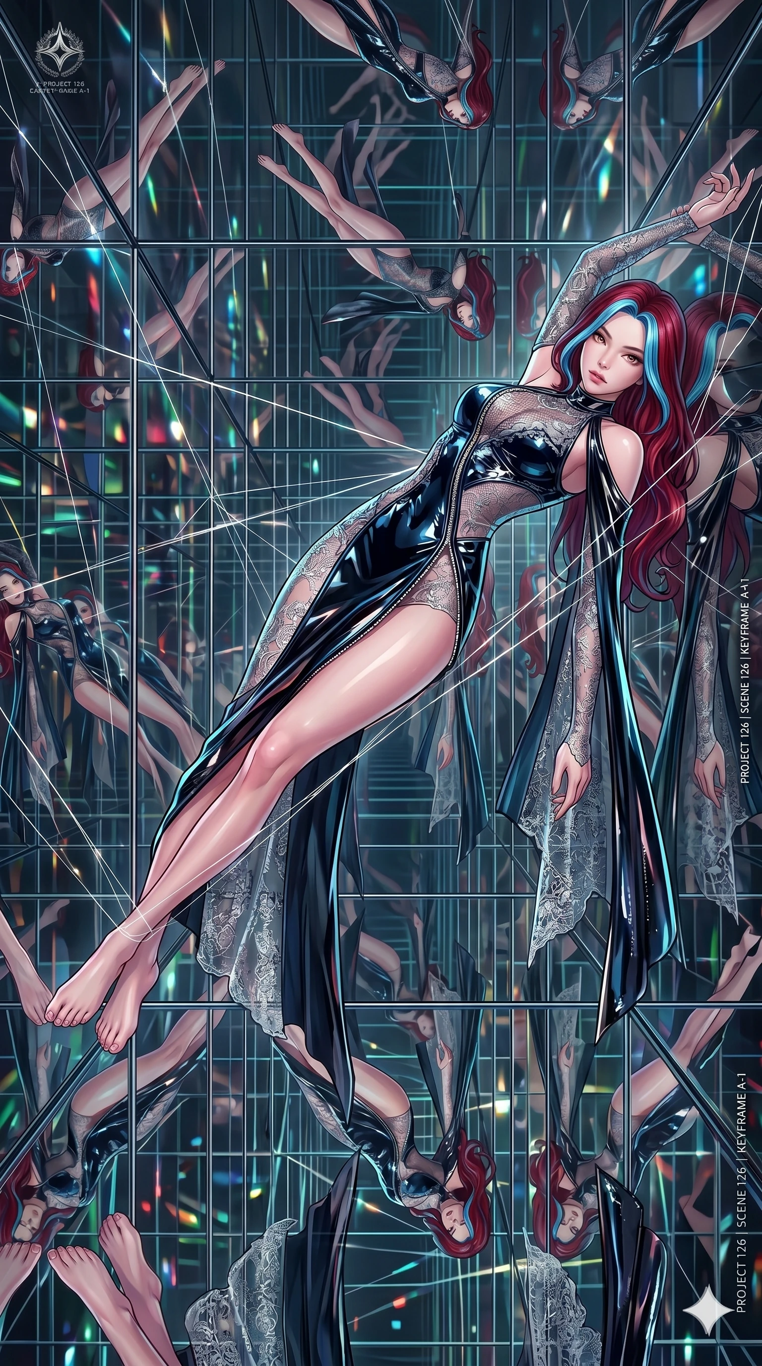 score_9, masterpiece, best quality, ultra-detailed, High-budget Anime Keyframe, East Asian woman. Dynamic full-body shot stretching the vertical silhouette to the limit. Scenario 126: Suspended by invisible silk threads in a hall of mirrors. Her presence is magnetic and overpowering in this high-budget anime scene. Outfit 126: A patent leather mesh with a unzipped detail and delicate lace embroidery. The clothing is designed to emphasize her exceptionally tall and slender 8-heads proportion. 8-heads proportion, towering silhouette, ultra-slim waist. sharp v-shaped jawline, intricate jewel-like eyes with depth, thick eyelashes, glossy lips. 2k, ultra detail, master piece, 9:16 ratio